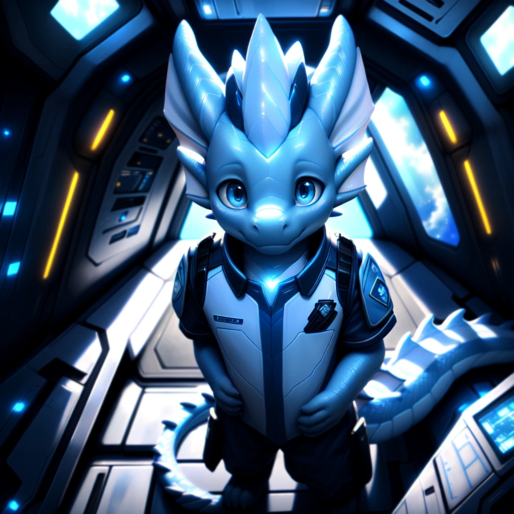 ( detailed face,  detailed background ,  detailed body ), (realistic,photorealistic,photo-realistic:1.37) Ein cuteer kleiner Drache Junge mit leuchtenden Flügel, very young, cute, Light blue scales ,  white hair, in a spaceship,  He wears a uniform 