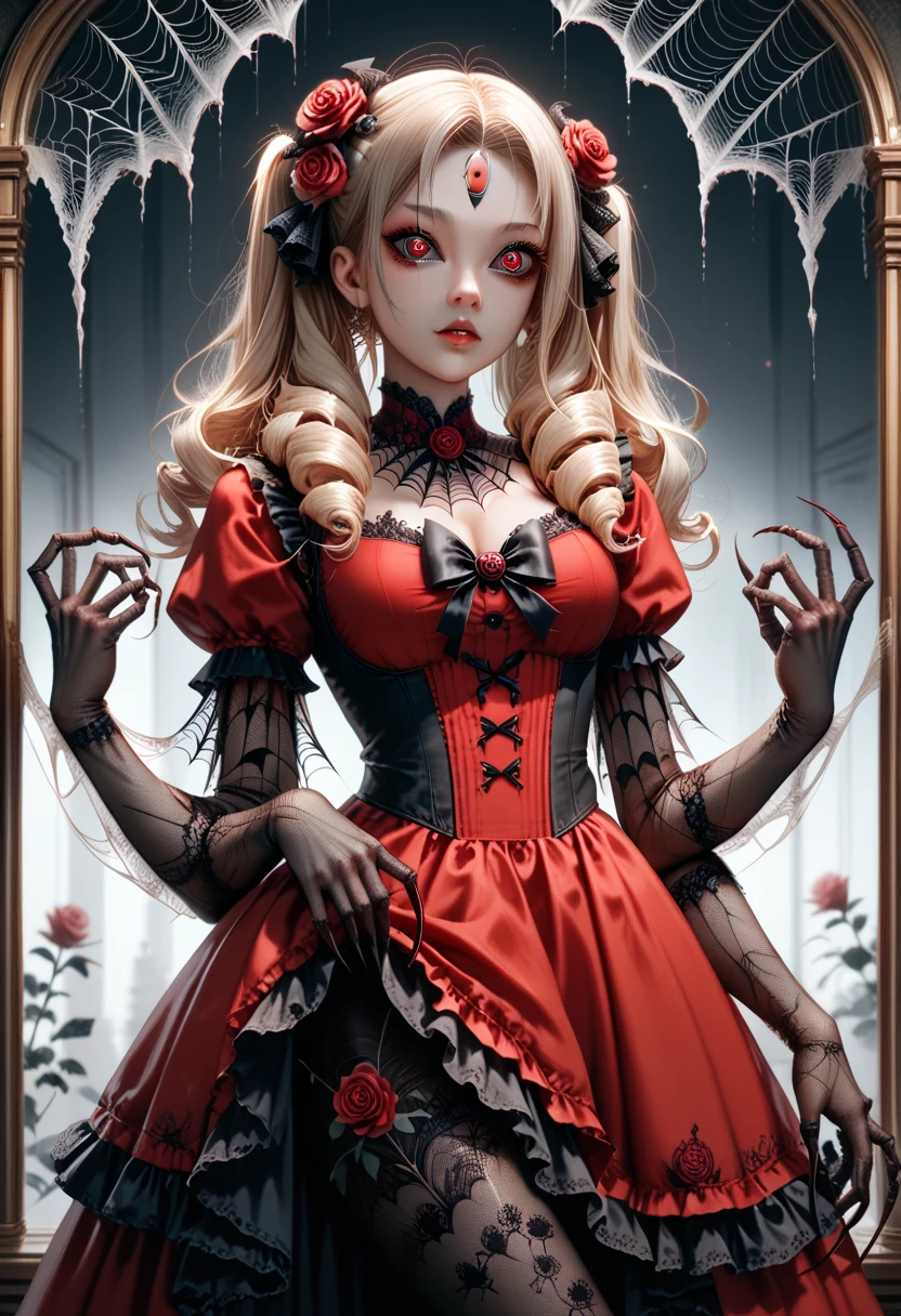 Spider girl. Lady. Twin drill hair. Blonde hair. Red eyes. Horror eyes. Black and red dress. Frills. Dark fantasy. Multiple arms. Sharp claws. Bio-armor chest. Spider web dress. Insect legs. Spider-themed hair accessory. Spider web patterned tights. Lace gloves. Spider eyes on forehead. Scornful expression. Rose flower.