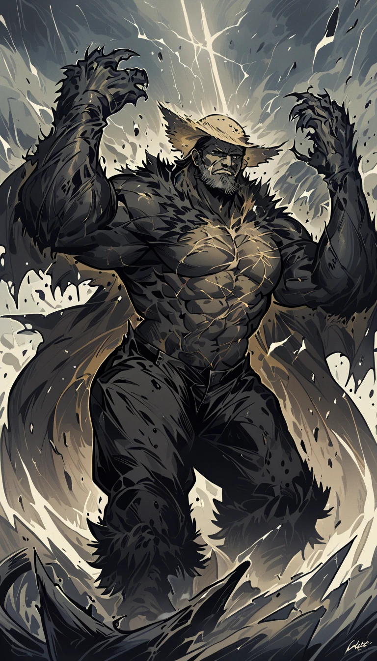 He is colossally tall, over two meters of pure muscle covered by thick, black fur that shines with a slightly bluish hue in the light. His broad shoulders and curved back convey a sense of overwhelming power. His muscles are extremely defined, evidencing a physique prepared for both fighting and survival. His arms are incredibly long and strong, ending in sharp claws that reflect the light like metal blades. His legs, also muscular and with the typical posture of a predatory animal, allow him to move with surprising agility, despite his size. His bare torso reveals a marked abdomen, while his skin is visible in some areas where the fur is thinner, displaying scars from old battles. His face is a mix of man and wolf, with an elongated snout full of sharp teeth that always seems to be in a threatening grimace. His eyes shine an intense yellow, mesmerizing and full of ferocity.  His ears are pointed and constantly alert, moving at every sound around him. A thin, scruffy beard on his lower jaw adds a human touch to his bestial appearance. He wears a worn and slightly wrinkled straw hat, with jagged edges and a few holes, which looks like it has endured years of sun and rain. The hat, although simple, creates a curious contrast with his frightening appearance, giving him the air of a country worker who carries an ancient and mysterious history. The only piece of clothing he wears besides the hat is a pair of brown shorts, made of thick, sturdy fabric, similar to those worn by rural workers. The shorts are a little faded, with dirt marks and tears at the ends, indicating that they have seen better days. He is held by a leather belt with a simple buckle, and the pockets are torn, as if they could barely withstand the constant movement of his transformation, high definition 8k