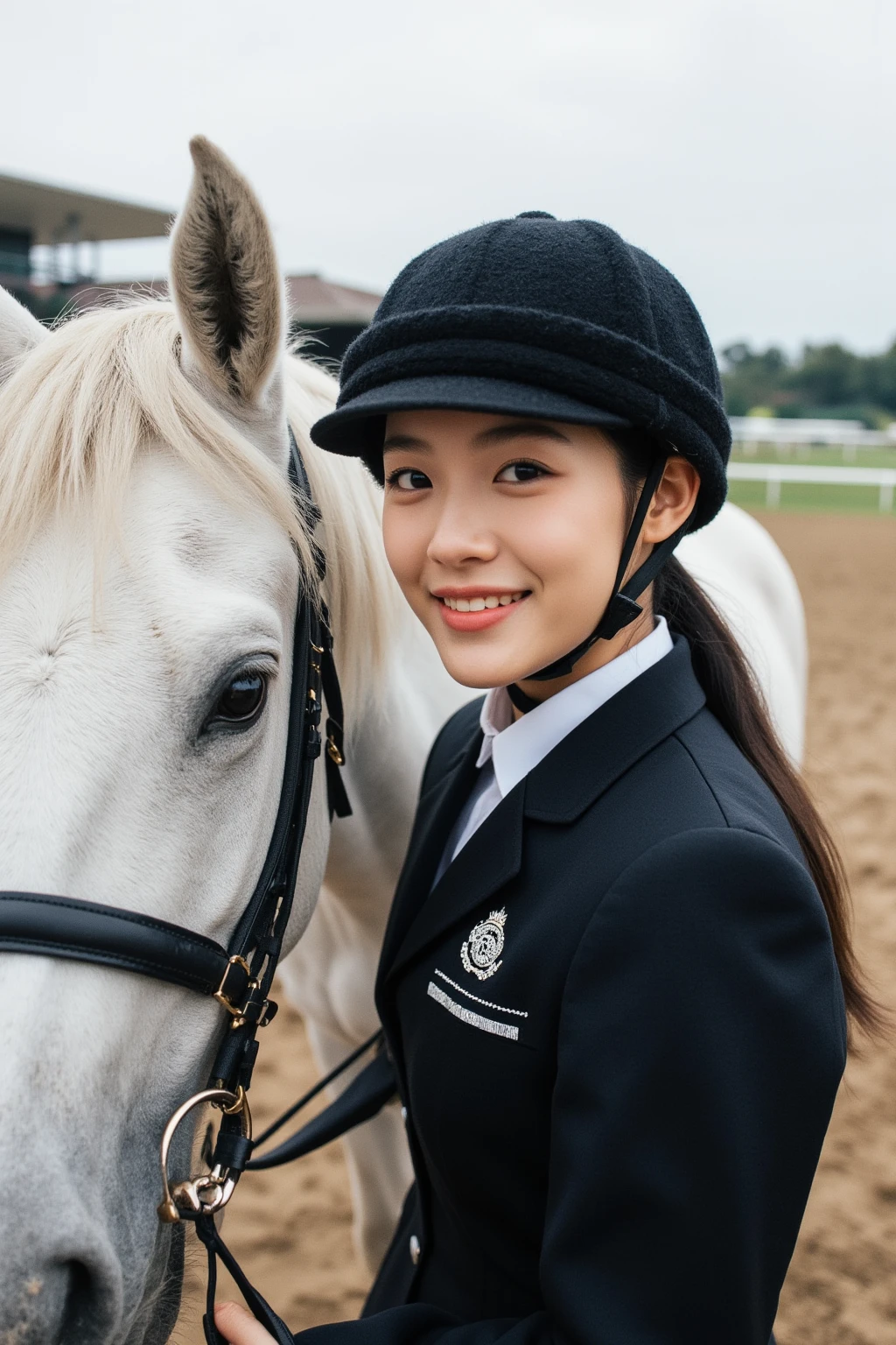 A cute smiling selfie from the first person's perspective. 36 years old, CEO of a Singapore listed company, with a round face and chest-length black straight hair tied in a ponytail. Wearing a high-end fashion brand long-sleeved riding suit. Wearing a riding hat. Leading a white horse at the racecourse. Weight about 110 pounds