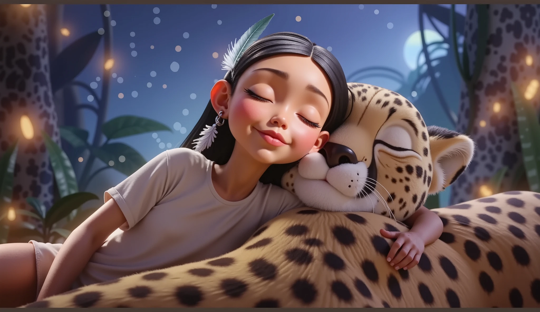 A movie poster in high resolution and in high quality with a girl, Brazilian Indian with black hair, , ****, , age:12, with a white t-shirt without a bra and without a print, hugged, sleeping with her eyes closed with a jaguar.