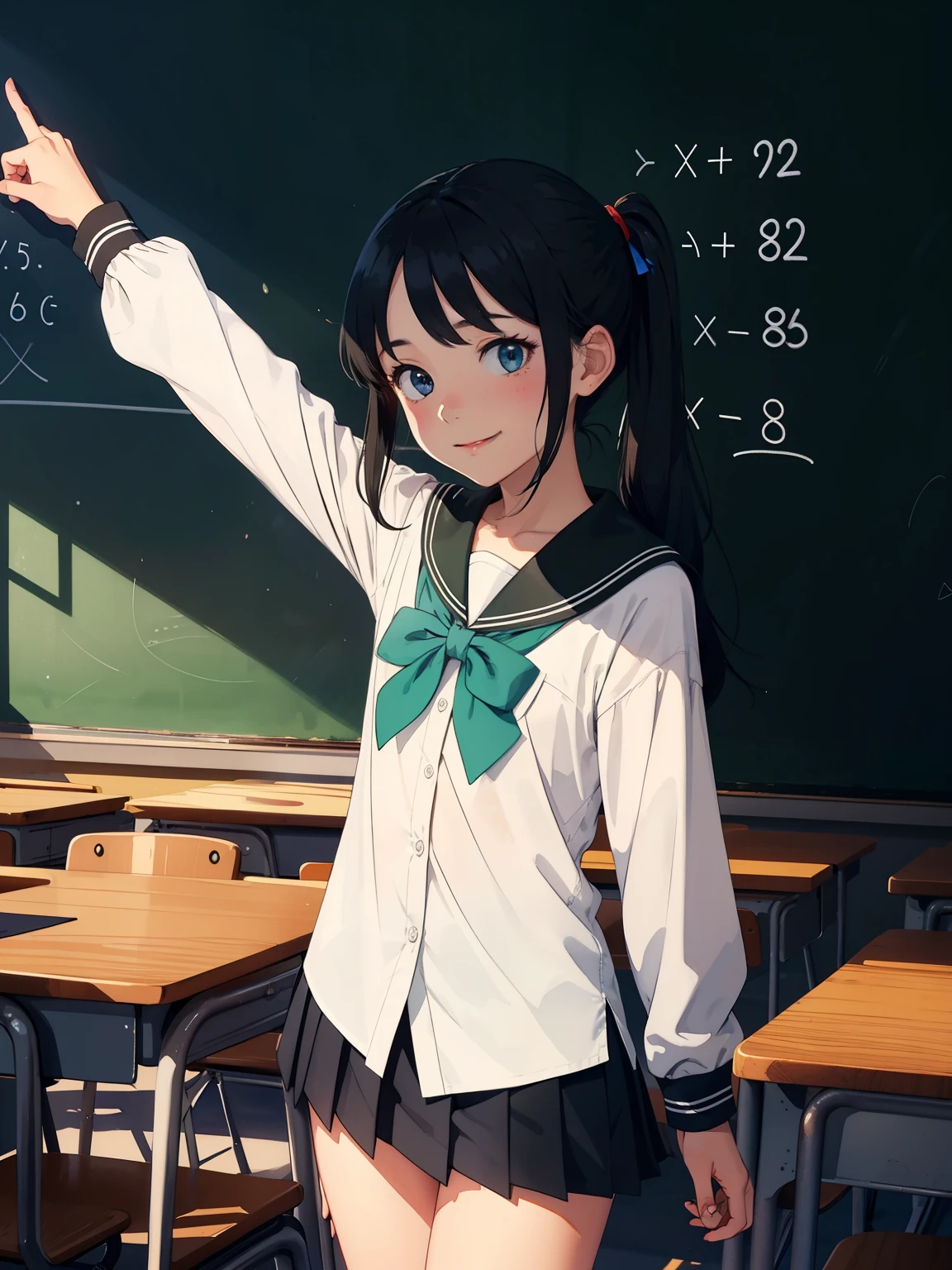  super flat,  Flat Shading ,  flat color , (classroom),  bright color , ( close-up ),  1 girl, little, Lori, ***,  flat chested,  girl counting money {x} long black hair, Dark blue eyes,  bottomless, (White cotton panties), (long school uniform with white long sleeves),  sailor collar ,  Pleated Skirts，( standing beside a green blackboard), pointing at the blackboard ,  chalkboard math exercises ,  smiles lightly，Standing in the library, Bookshelf,  bright color , Best Shadow, dark, watercolor, Ghibli style、Light urine stains，Girl&#39;s&#39;lure