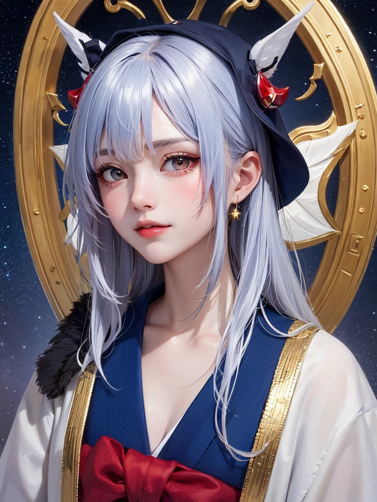 masterpiece, best quality,8k, detailed skin texture, Detailed Cloth Texture ,Beautifully detailed face, complex details,Ultra-detailed,Rei Ayanamiの肖像, Silver Hair,Red colored eyes, black headgear on the head,Pixieカット,Shining Skin Hair Ornaments, Gold Hair Ornament,Red colored eyes、Blue starry background,Shooting star in the sky,Front of face, Wizard's Robe ,One person,Shrine Maiden's Clothing,Black Robe、 Pixie、Black headband、Red Eye、Fascinating、Rei Ayanami、Cat ears、 girl