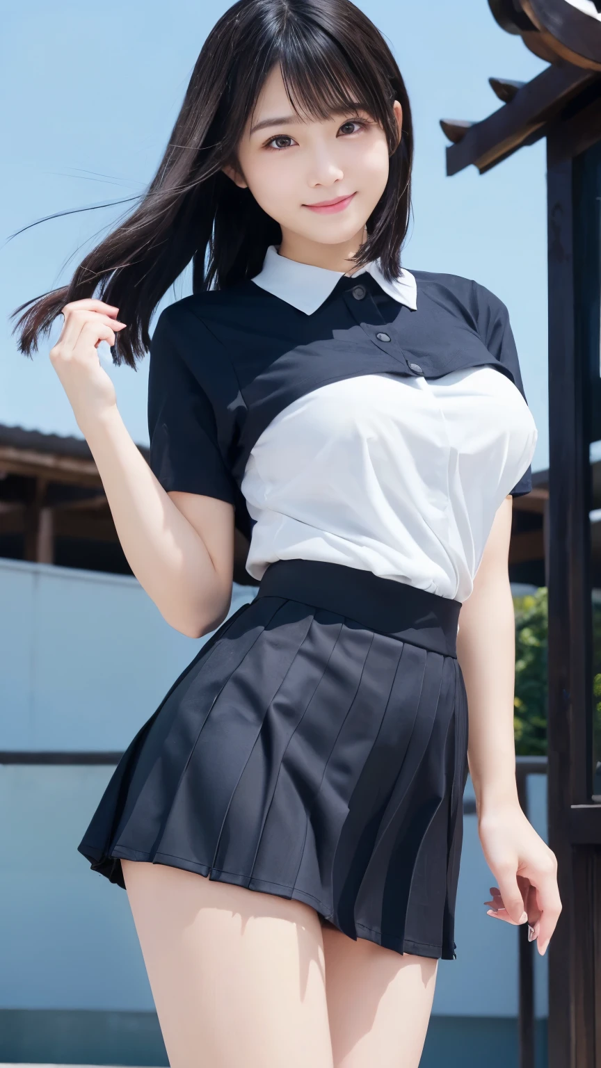 (Masterpiece:1.2, high quality), simple background,gray background, (Chest thrust pose:0.75), (Chest show-off pose:0.75),(breast appeal pose:0.75),(japanese girl),(15yo), solo, 
white dress shirt , cool face,
black eyes, navy blue school miniskirt, pure gaze, navy socks,plaid skirt, arms behind back,hands behind back,
((Tight fitting clothes)), ((Tight fitting shirt)) , (see-through shirt:1.2)
,random sexy pose,
black hair, black eyes,
kawaii, light smile, (sweat), 
short hair, swept bangs,
Black Hair,  hash cut,layer cut, messy hair,hair between eyes, (beauty legs),,big breasts,face detail, thin eyebrows ,((puffy nipples)),,
glow skin,face focus, breast focus ,thigh focus
