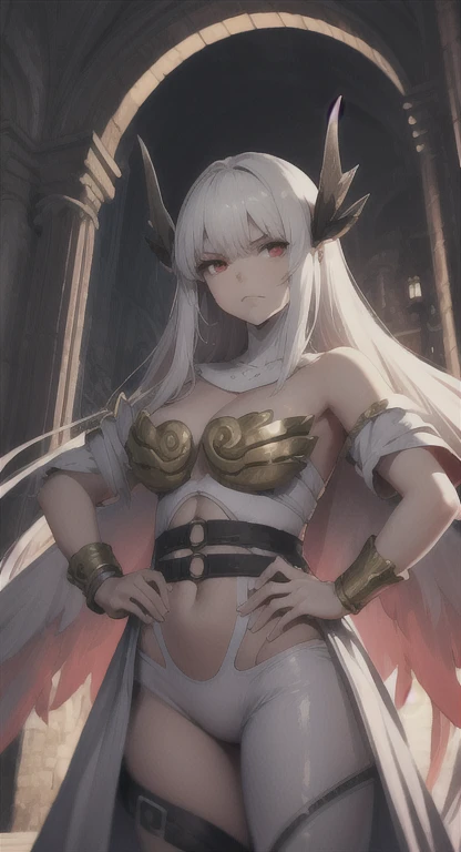 masterpiece, best quality, extremely detailed, 1girl, mature female, solo, (dark brown skin:1.6), beta, ((huge breasts:1.3)), (((white hair, long hair, red eyes, slit pupils, pointy ears, demon horns, white horns, black wings, feathered wings, low wings))), parted lips, (((white dress, hip vent, groin, long dress))), light smile, (closed mouth), ((sitting on the bench, cemetery, night))