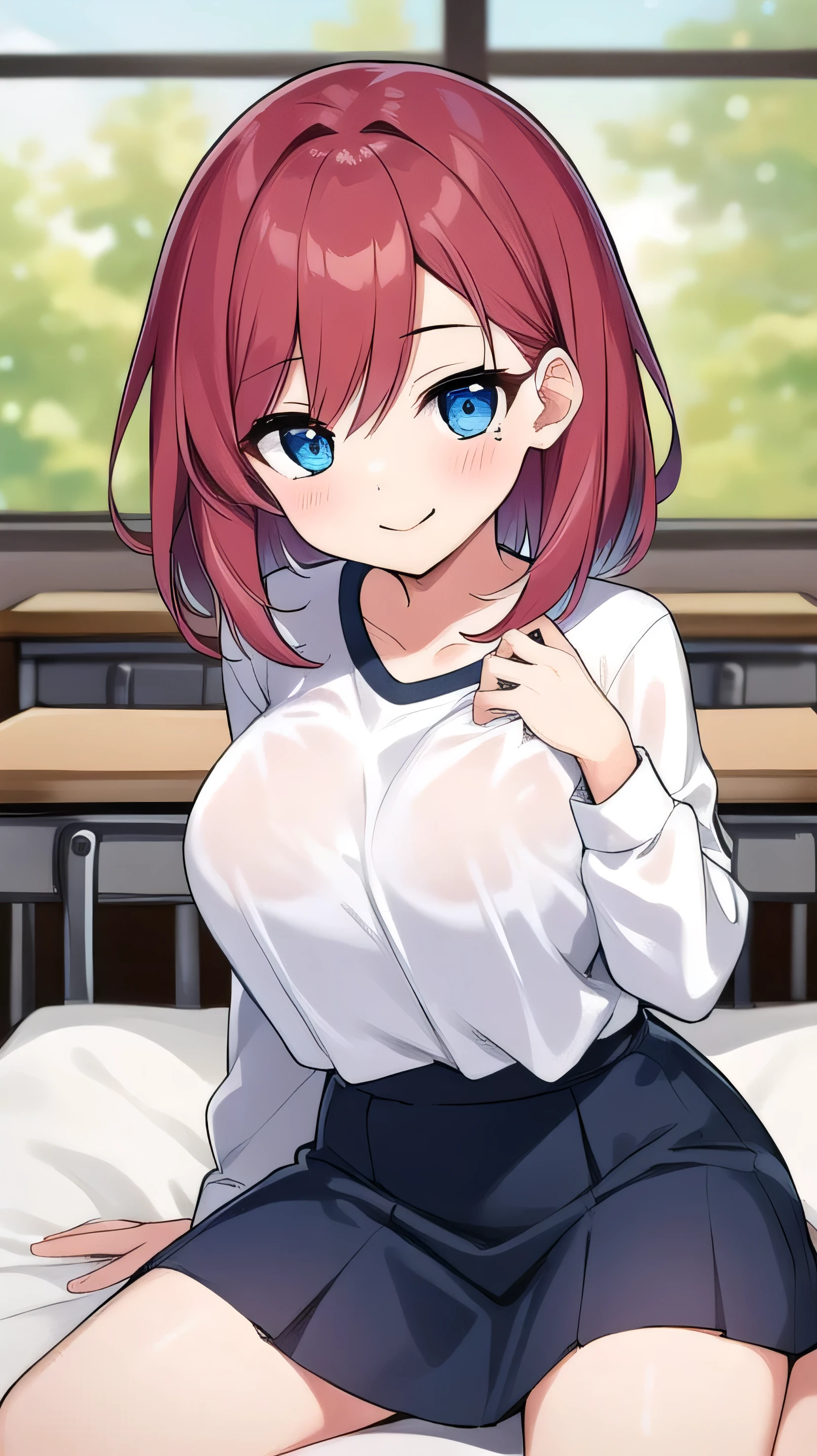 Big breasts, red hair, blue eyes, droopy eyes, naked, , super big breasts, (medium hair: 1), elementary school studentt, 10 years old, shy Agari, slightly smiling, classror , (Naked: 1.5)，nipples are visible，pussy are visible，，straight hair ，A gentle smile, a little smile