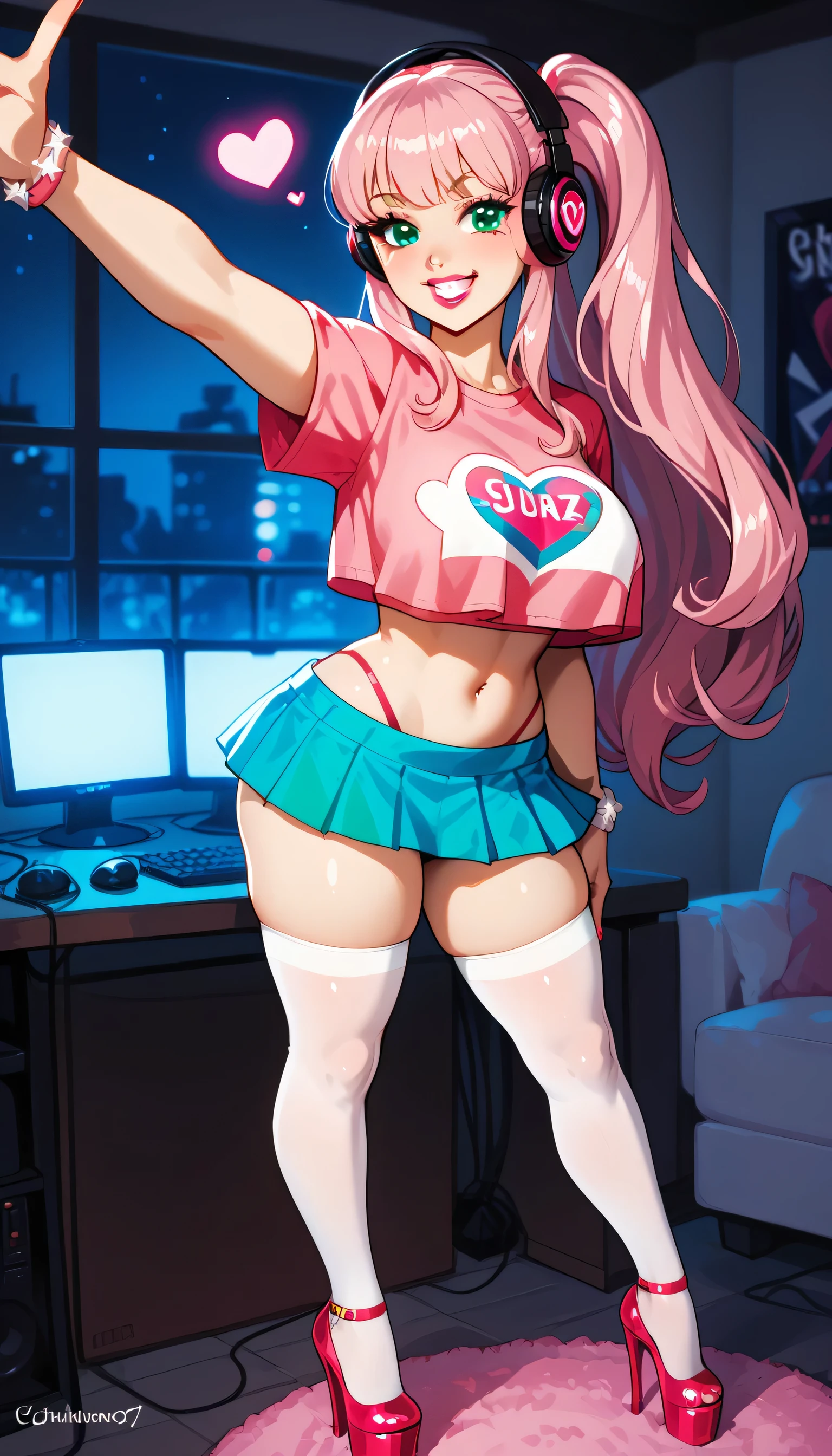 A female, pink long hair, eyebrow straight, eyeliner classic, ((blue:1.3)) ((green:0.7)) eyes, bimbo light pink lipstick, side little grin, [[pink crop top]], ((pink micro skirt)), long white tighs stockings, red t-strap heels, pink gamer headphones, sexy pose, hyper sexy body ((bust ratio: 86DD)), [[heart shape ass]], [[pear shape body]], [[full body]], standing into red gamingroom with pink neon lighting during by night. [[High quality]]. [[High detail]]. [[High resolution]]. [[Soft colors]]. [[Soft lighting]]. [[Digital Art]]. [[Retina]].