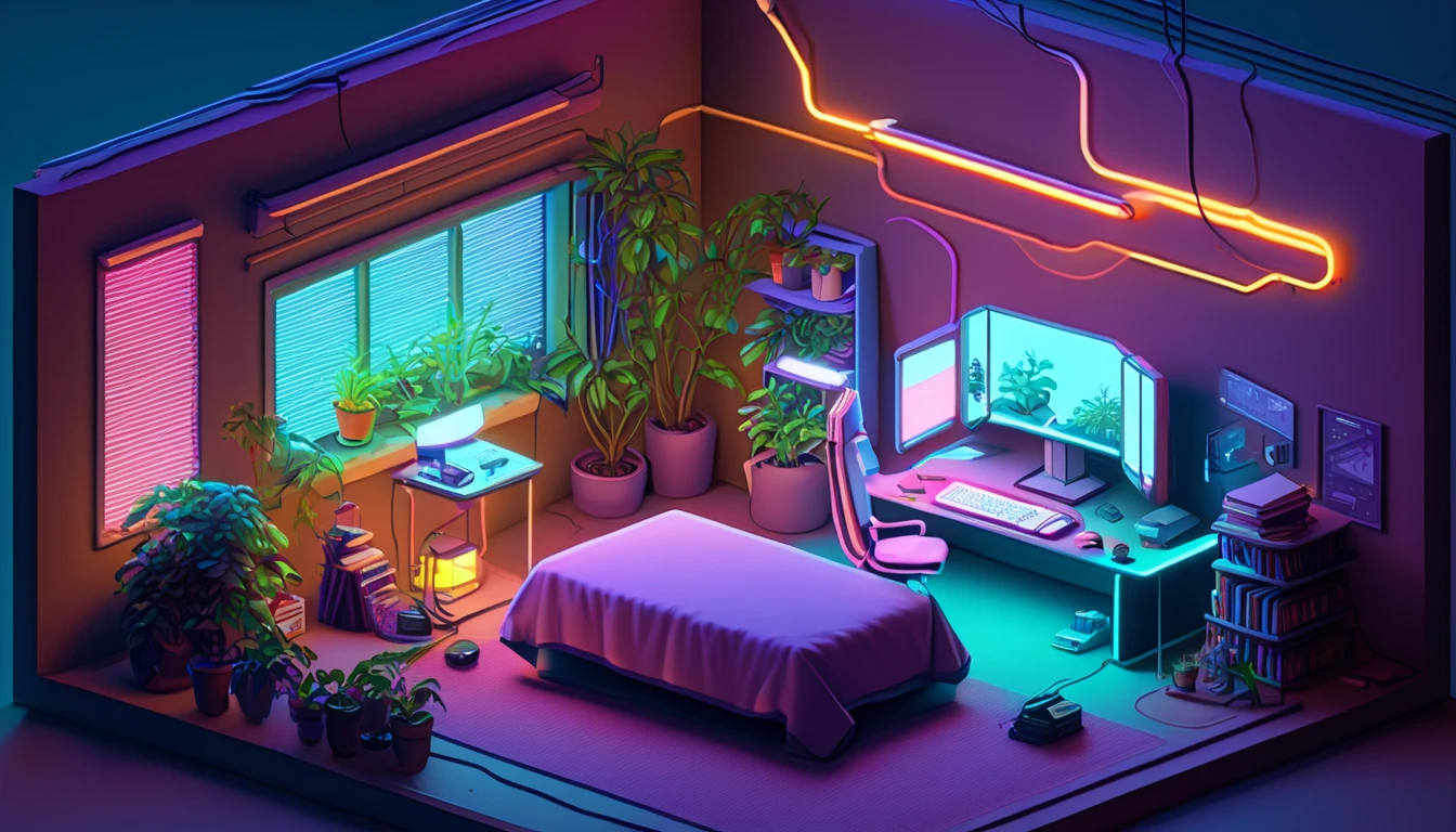 ((masterpiece,  best quality)),  high definition ,  very detailed,  Realistic, break, isometric neon, indoor,  gradation, Books,  gradation background,  not humans , chair, plant, box, scenery, machine, lamp,  controller, cable,  computer , tv set, Monitor,  keyboard ( computer ), flower pot, mouse ( computer ), screen,  platform ,  