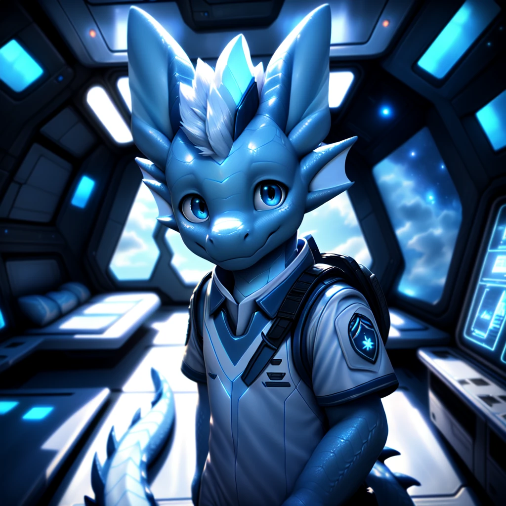 ( detailed face,  detailed background ,  detailed body ), (realistic,photorealistic,photo-realistic:1.37) Ein cuteer kleiner Drache Junge mit leuchtenden Flügel, very young, cute, Light blue scales ,  white hair, in a spaceship,  He wears a uniform 