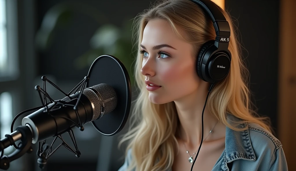 In the foreground stands a stunning 18 year old European woman in a professional recording studio, at the microphone. Her presence is mesmerizing, she exudes sophistication and attractiveness. Hair styled in an elegant hairstyle, falling in soft waves, shining under the studio light. She sings her song into a high quality studio microphone, Her look is intriguing and full of charisma. She&#39;s wearing a beautiful dress, fits her figure perfectly, both stylish and seductive. The image must be made in an ultra-realistic style, conveying all the smallest details in ultra-high quality (16K, 8k). Full size photo shows her in full height, the whole figure is visible. The scene captures the essence of the singer, immersed in his performance, with pronounced details of the recording studio environment: Control panels, acoustic panels, Professional equipment. Light and shadows must be realistic, like in a professional photo, emphasizing the depth and volume of the image. The image should look like this, as if it was shot on a professional camera, with high resolution and realism, including skin textures, fabrics and surfaces. Background bokeh effects and precise lighting add realism. A high-end lens captures all the subtleties of light and shadow, creating a feeling of volume and space. All elements of the frame should look clear and detailed, conveying ultra-realism and high image quality. Arafed woman in recording studio with microphone and mic, girl in the studio, promo art, album art, beautiful studio face, Studio recording, studio quality, vocalistist, background image, Studio microphone, high quality portrait, draw up, clip, official work of art, studio light, vocalist, promotional image, Studio shot, studio quality product, album, studio quality lighting