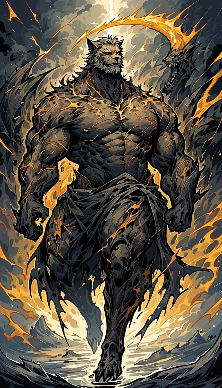 Black humanoid creature made of rock, upper part of body, Bare-chested, femele, ((tmasterpiece, Best quality)), Skin rupture, White current surges from the cracks, muscle men, (Dragonborn:0.6), gray hair outdoors, Detailed background depth of field