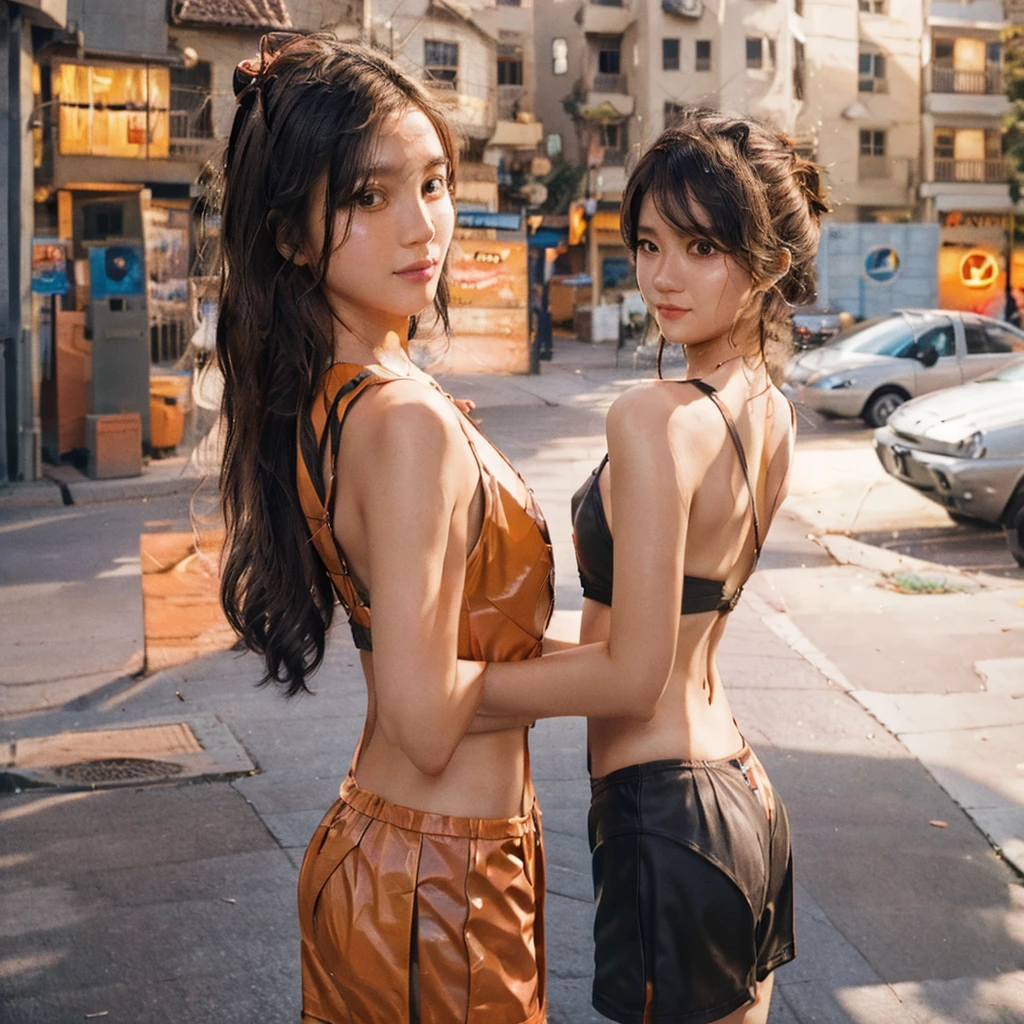 Highly detailed portrait of an Asian girl with long brown hair, wearing an orange latex swimsuit, captured in a nighttime street setting, looking at the viewer from a back view, sharp focus on face and skin texture, best quality, 8k resolution --ar 1:1