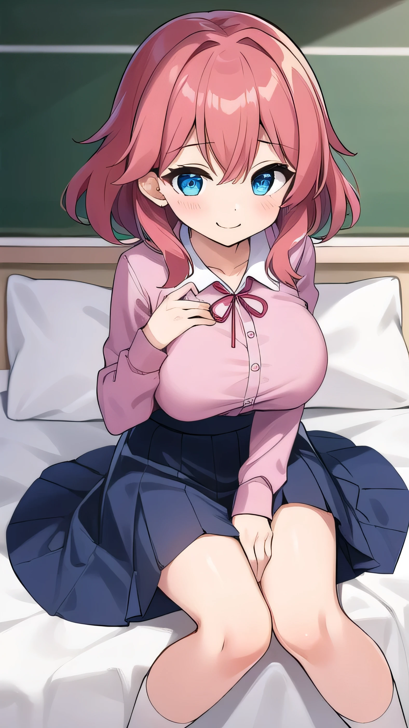 ((masterpiece、Highest quality、Super detailed)、((One girl))、((Pink Hair))、((Twin tails))、((Light blue eyes))、evil smile、((Grin))、((lots of piercings))、((Very large breasts))、((White collared shirt))、A bow tie、((pink cardigan))、((gray microminiskirt))、thighhighs、((pullover stripe panties))、((1boy))、((penis))、((Cowgirl Sex))、((vaginal sex))、((woman on top))、Shoot from below、Gym storeroom