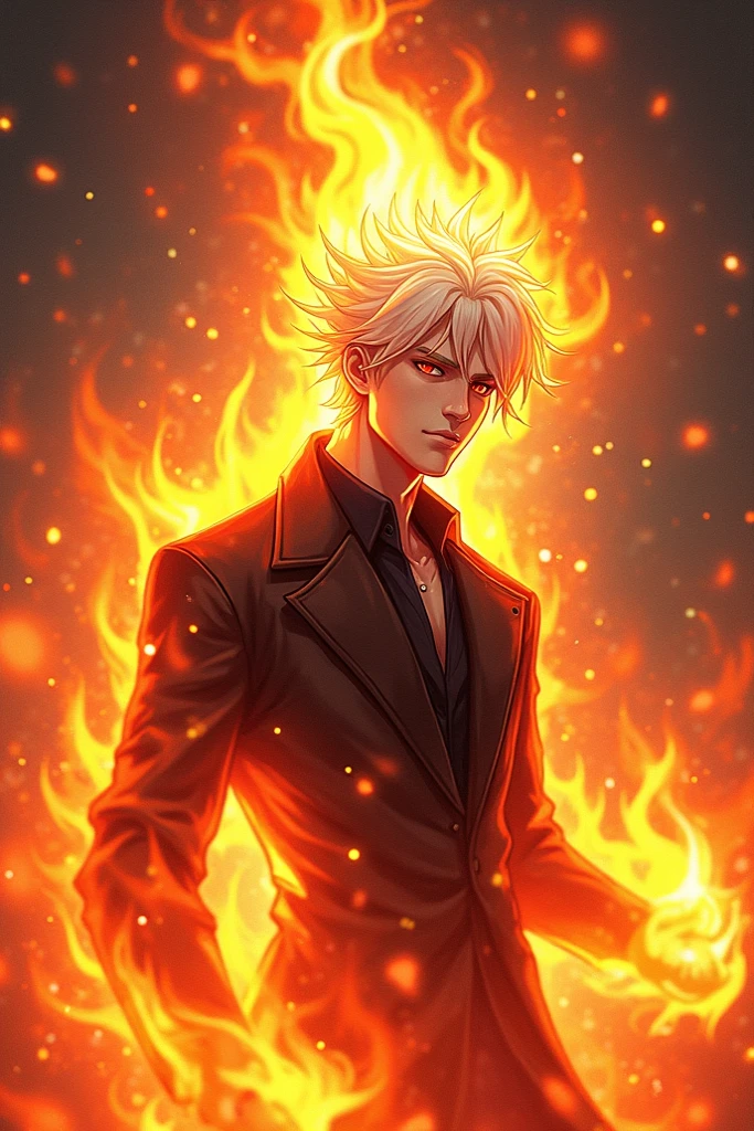 a young man, , god of fire, ebony skin, muscular, fire hair, flowing hair, bright eyes, iris-free, shy, big smile, embarrassed, pirate long sleeve shirt, round face, anime style, (best quality,4k,8k,highres,masterpiece:1.2),ultra-detailed,(realistic,photorealistic,photo-realistic:1.37),HDR,UHD,studio lighting,ultra-fine painting,sharp focus,physically-based rendering,extreme detail description,professional,vivid colors,bokeh,portraits,fantasy,dramatic lighting, Fiery black background, seated on a stone, stone on a black lake.