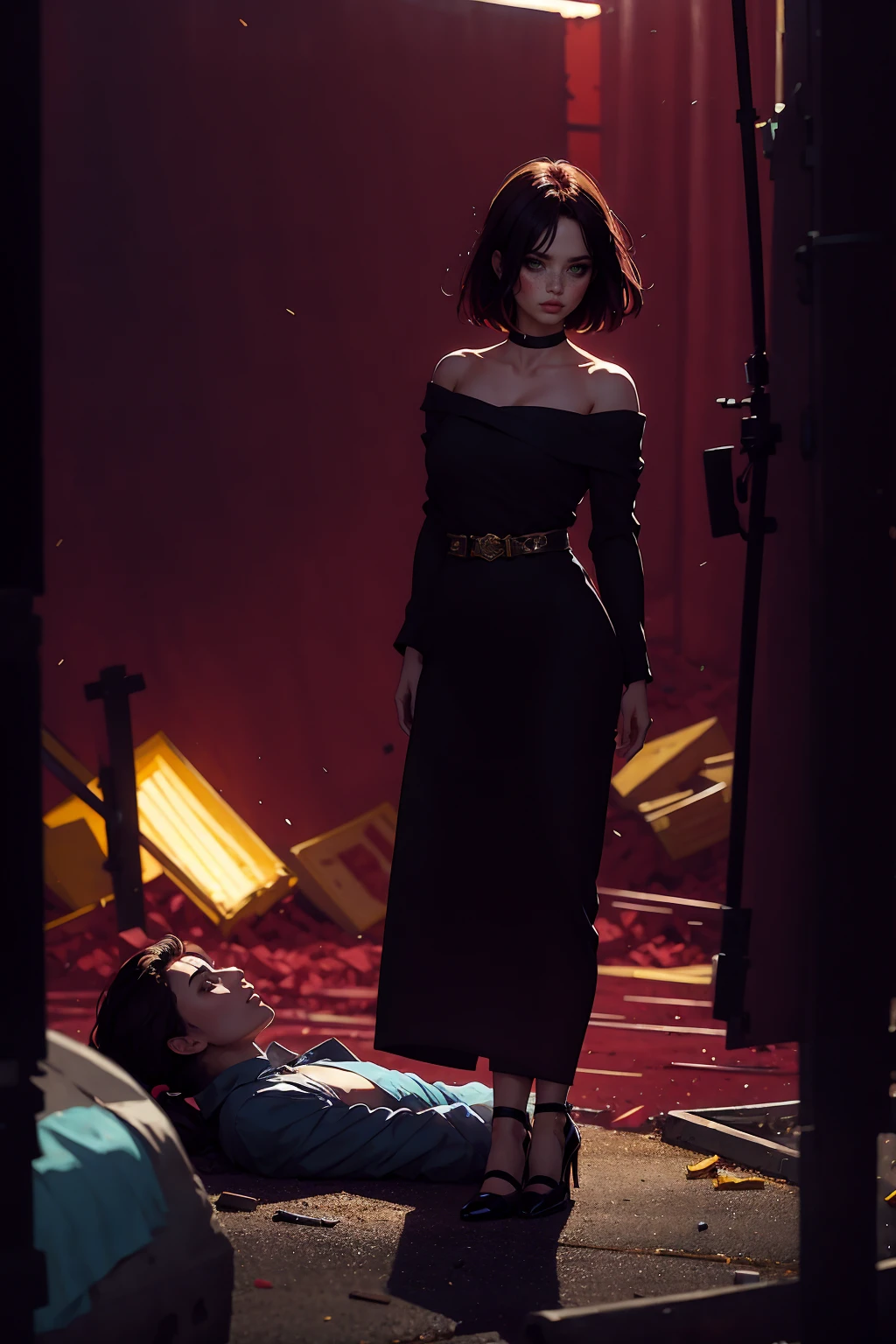 A dramatic scene featuring a woman with an extremely pretentious and arrogant posture, standing confidently at the center, dressed in luxurious and opulent clothing. Her expression exudes superiority and disdain, with her chin raised high. One of her feet is placed arrogantly on the back of a collapsed man, emphasizing her dominance. Behind her, a group of men lies collapsed on the ground, positioned lower to highlight their victimhood. The background is dramatic, with muted tones and a faint spotlight enhancing her pretentious aura, properly oriented for clarity.