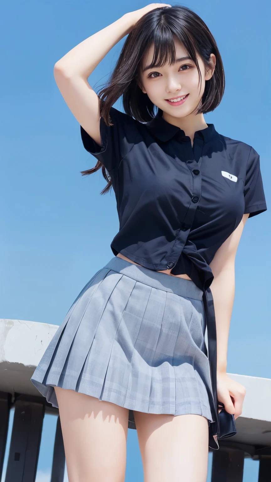 (Masterpiece:1.2, high quality), simple background,gray background, Chest thrust pose, Chest show-off pose,breast appeal pose,(japanese girl),(yo), solo, 
white school  shirt ,
black eyes, navy blue school miniskirt, pure gaze, navy socks,plaid skirt, arms behind back,hands behind back,
((Tight fitting clothes)), ((Tight fitting shirt)) , (see-through shirt:0.75)
,arms behind back
black hair, black eyes,
kawaii, light smile, (sweat), short hair, Black Hair,  hash cut,layer cut, ((messy hair )),hair between eyes, (beauty legs),volumirous breasts,big breasts,
((Cute face)),((pretty face)),
face detail, 
thin eyebrows ,
glow skin,face focus, breast focus ,thigh focus,glow skin


