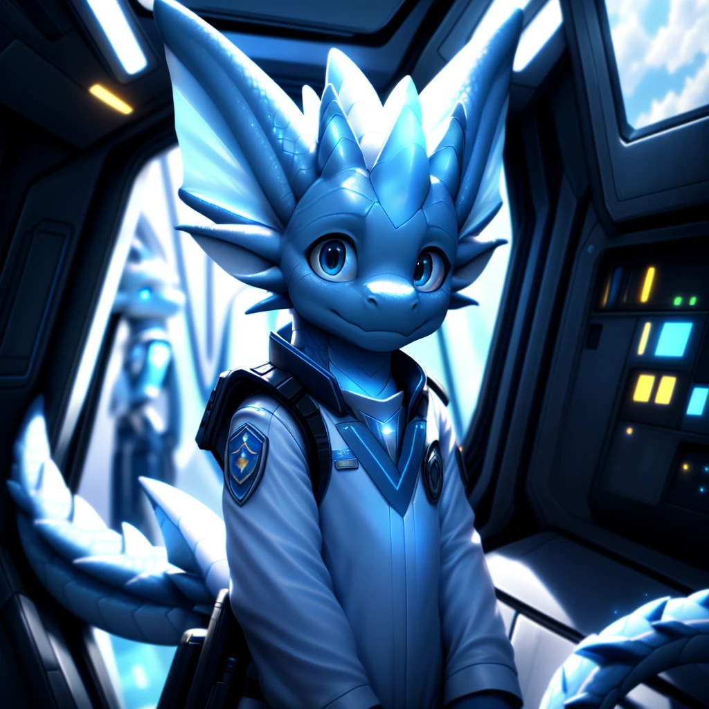 ( detailed face,  detailed background ,  detailed body ), (realistic,photorealistic,photo-realistic:1.37) Ein cuteer kleiner Drache Junge mit leuchtenden Flügel, very young, cute, Light blue scales ,  white hair, in a spaceship,  He wears a uniform 