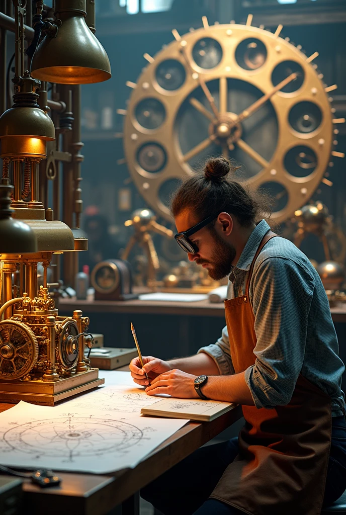 An industrial designer workshop in a steampunk world, with intricate ...