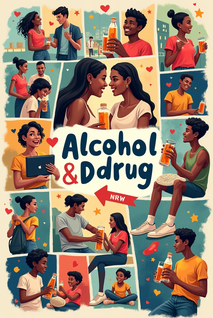 beer label, man sitting on the floor smoking a cigarette, woman sitting on the floor drinking a bottle of whiskey, back to back, Text "BEODOS", real people, They fall in love, realistic image