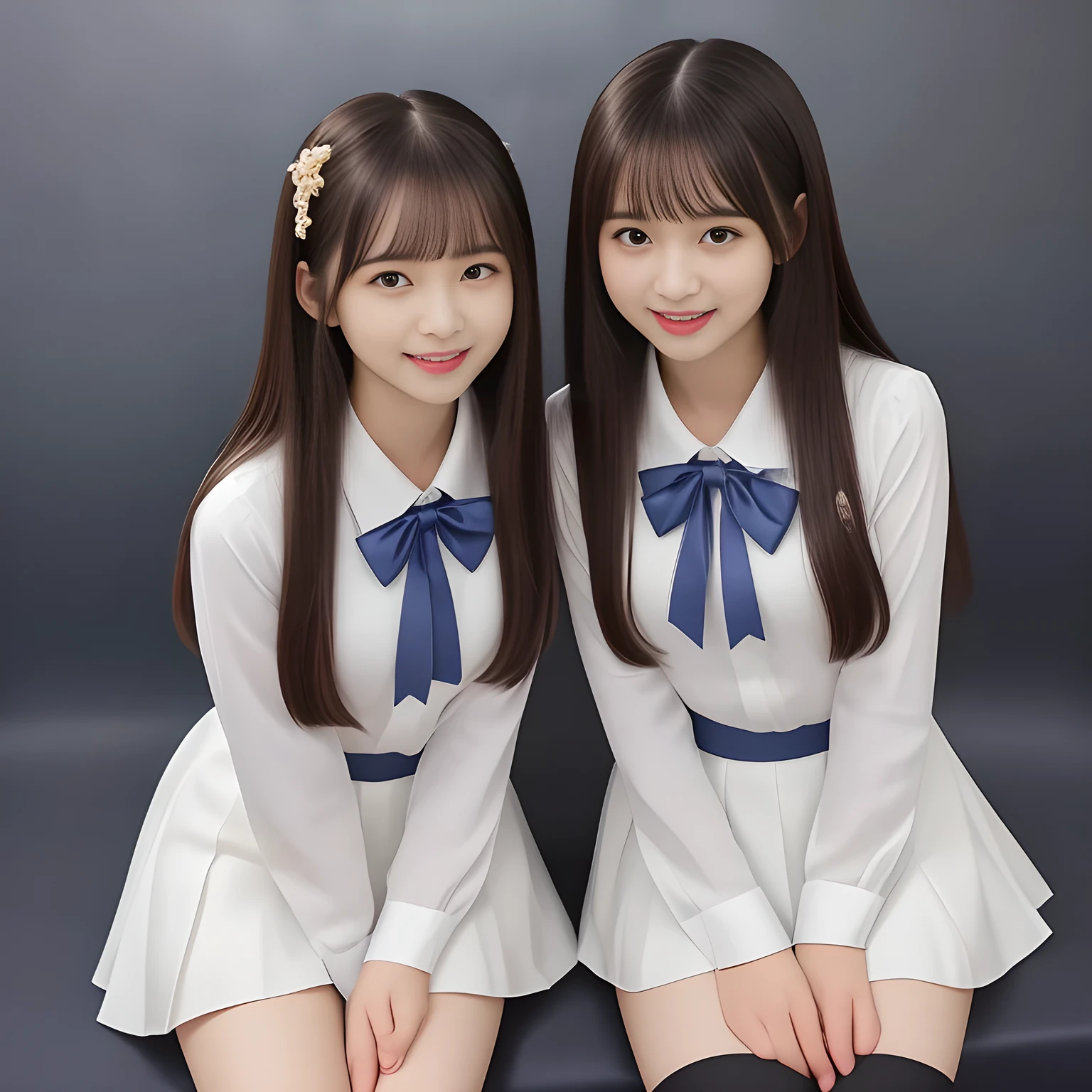 (Highest quality, masterpiece:1.2), Highest quality, High resolution, 1080P, 8k, (Two 14yo Japanese beautiful girl idols are seated and giving strong subliminal sexual invitation and temptation, cute skirt with beautiful knees, looking at the viewer, can't stop showing cute smile open mouth because of feeling too funny about the viewer, very white-white face, very proud of her long straight black hair, using face-whitening cosmetics, 14yo girl's eyes, opened laughing giggling most open mouth, too expensive luxurious glossy frilled ivory silk blouse, polyester dark-navy school-skirt and bewitching ribbon on the breast, well-straitened super-long well-trimmed long hair, evenly neatly trimmed girly cute bangs: 1.5), (white thighs and knees: 1.7), (Laughing blushed cheeks with dimples), (Well-balanced, impressive, very intelligent, double-eyelids, black shining large eyes of 14yo intelligent young idol with detailed: 1.5), ((Beautiful well-figured glossy opened laughing lips: 1.2)), (mature breast), (The viewer can't stop madly kissing them because of her beauty and subliminal strong invitation), (Very beautiful, super-glossy, cute neat black amazingly long hair, straight well-done long hair-style: 1.3), (plain blue background: 1.6), (((Completely balanced beautiful big cool eyes, looking coldly at me!: 1.3))), (eyes, face and hair are especially beautifully detailed and beautifully drawn: 1.5),  (The soft white light clearly shows her face extremely white: 1.2), (Too luxurious and expensive), (School uniform, too-cute slender 14yo super-long-hair Japanese beautiful-young-girl idol twins are laughing and licking the other's hand each other with super-wide open open laughing mouth like eating the viewer, everything is girly, neat and too beautiful: 1.6), (Super long hair 14yo super-cute-face school-uniform pretty young idol of school idol photo magazine, height: 145cm: 2.1), (Signs of girl's inevitable subliminal invitation and temptation to the succubus world: 2.0)