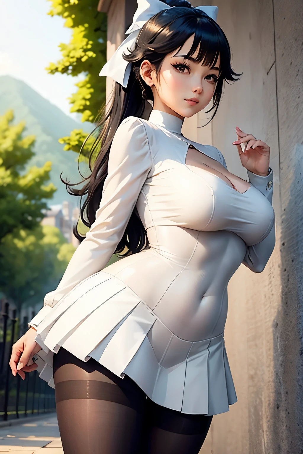 ((plump breasts)), (jambes grasses), ((hills)), ((perfect hands)), ((glossy pantyhose)), (finely detailed eyes and detailed face:1.3), (extremely fine and beautiful:1.1), (Perfect details:1.1), Takao, Azur Lane, black_hair, ponytail, bow, hair_bow, white_bow, bangs, hair_flaps, miniskirt, yellow_eyes, gloves, katana, pleated_skirt, skirt, white_gloves, white_skirt, (black_pantyhose:1.2), long_sleeves, smile, outdoors, ((glossy black pantyhose)), (view from below),