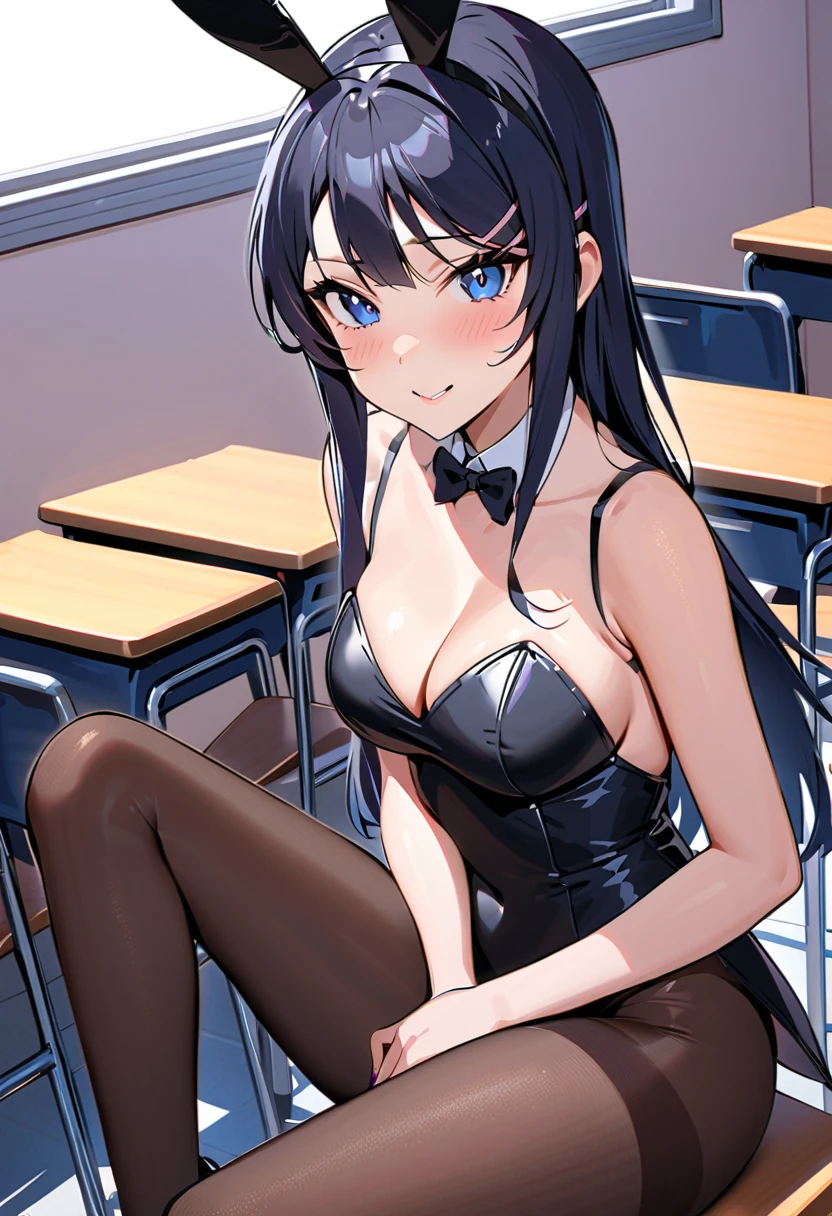 (masterpiece, best quality:1.4), official art, extremely detailed CG, unity 8k wallpaper, ultra detailed, solo, 1girl, chihaya kisaragi, (delicate eyes and face), bashful, (flat chest:1.1), looking at viewer, (full-face blush), embarrassed, BREAK, cowboy shot and knee, leaning forward, hand between legs, Slender beauty, ((playboy bunny, pantyhose, bunny ears, highleg, highleg leotard, black leotard, leotard)), , classroom, indoors,