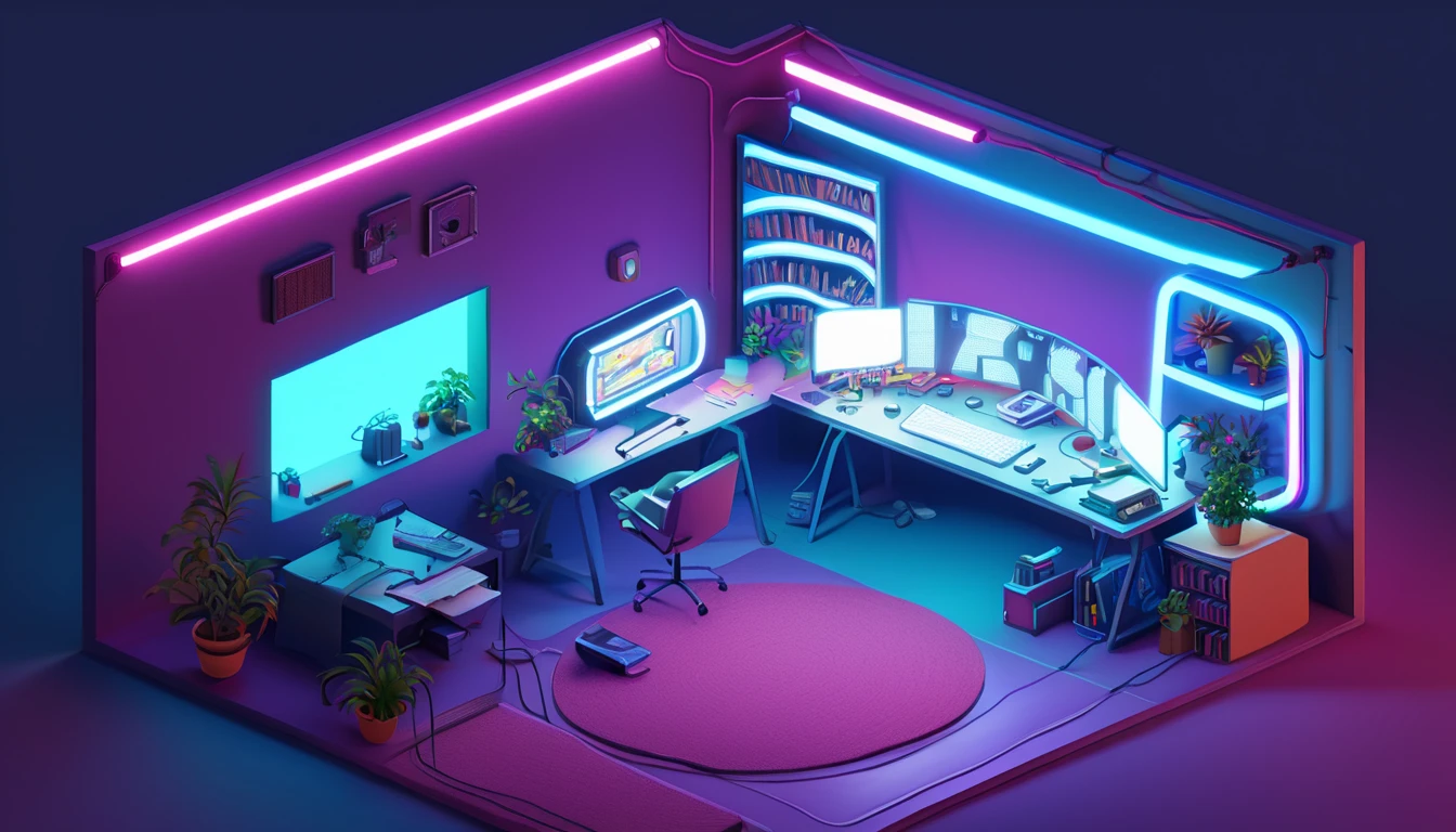 ((masterpiece,  best quality)), ((from above)),  high definition ,  very detailed,  Realistic, break, isometric neon, indoor,  gradation, Books,  gradation background,  not humans , chair, plant, box, scenery, machine, lamp,  controller, cable,  computer , tv set, Monitor,  keyboard ( computer ), flower pot, mouse ( computer ), screen,  platform ,  