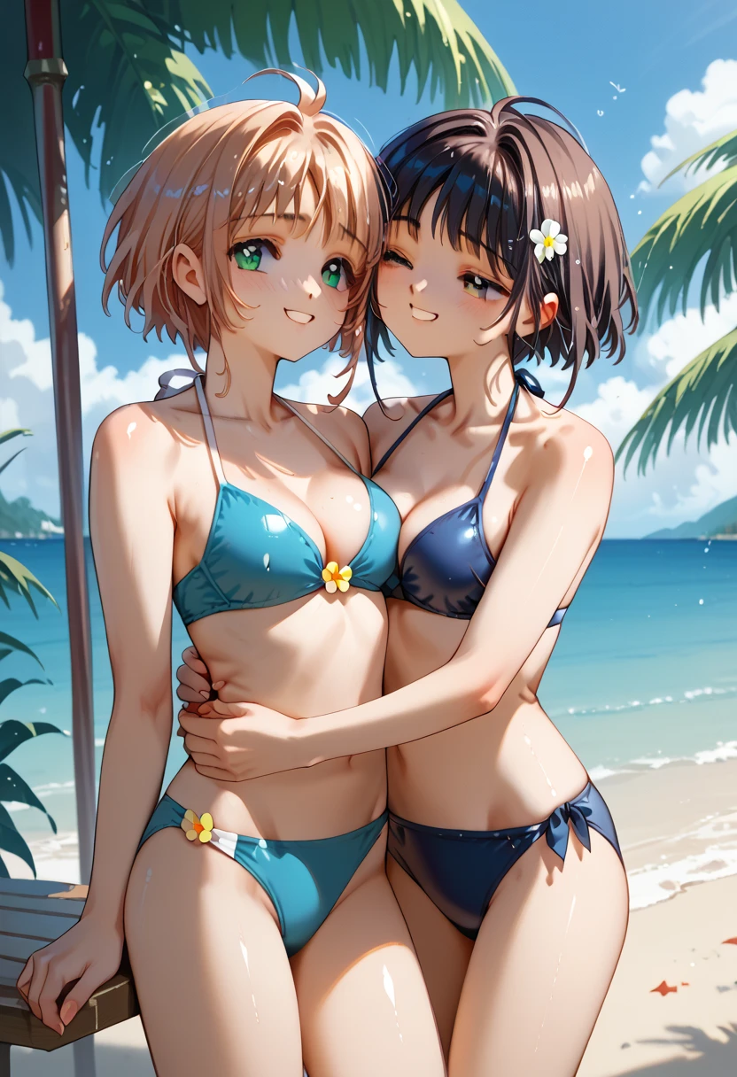 (2 girls)++, (masterpiece)+++, (best quality)+++, cowboy shot, young face, cute face, orgasm expression, shiny skin, slender,  6 heads high, beach, 
left girl is kinomoto sakura, left girl has big breasts and brown short hair and wearing cute bikini,  right girl is daidouji tomoyo,  right girl has medium breasts and black  long hair and wearing sexy swimsuit, lesbian, (grapple each breasts)++