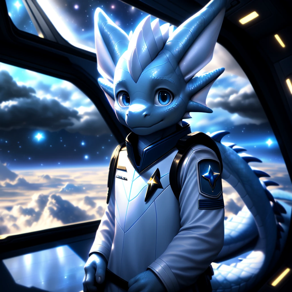 ( detailed face,  detailed background ,  detailed body ), (realistic,photorealistic,photo-realistic:1.37) Ein cuteer kleiner Drache Junge mit leuchtenden Flügel, very young, cute, Light blue scales ,  white hair, in a Star Trek spaceship,  He wears a uniform 