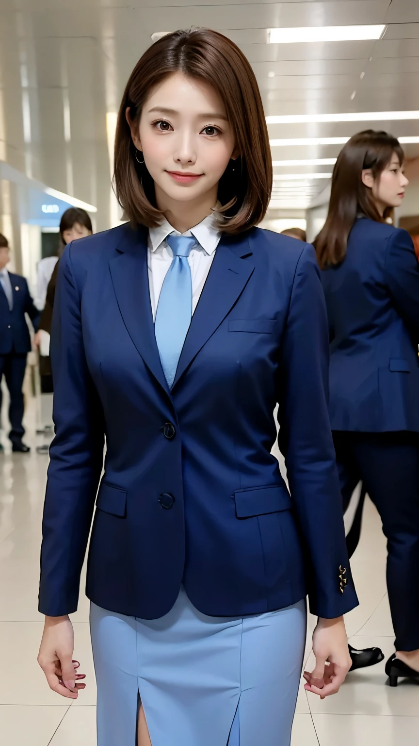 {{ mature woman , Caucasian}},  watching viewers , hazel eyes,  Extremely detailed,  medium breasts,  review, airport,  Flight Attendant , uniform, Blue blazer,  blue tie,  blue skirt, medium skirt,   Pencil Skirt ,  Blue High Heels ,  happy , 最 High Quality ,  High Quality ,  Extremely detailed anime screencap, {{{{Crowded,  multiple girls , Thousands of sisters, One Million Sisters ,Billions of Sisters,  clone ,  Doppelganger ,  matching outfits ,  Harmonious Hairstyles }}}}, whole body