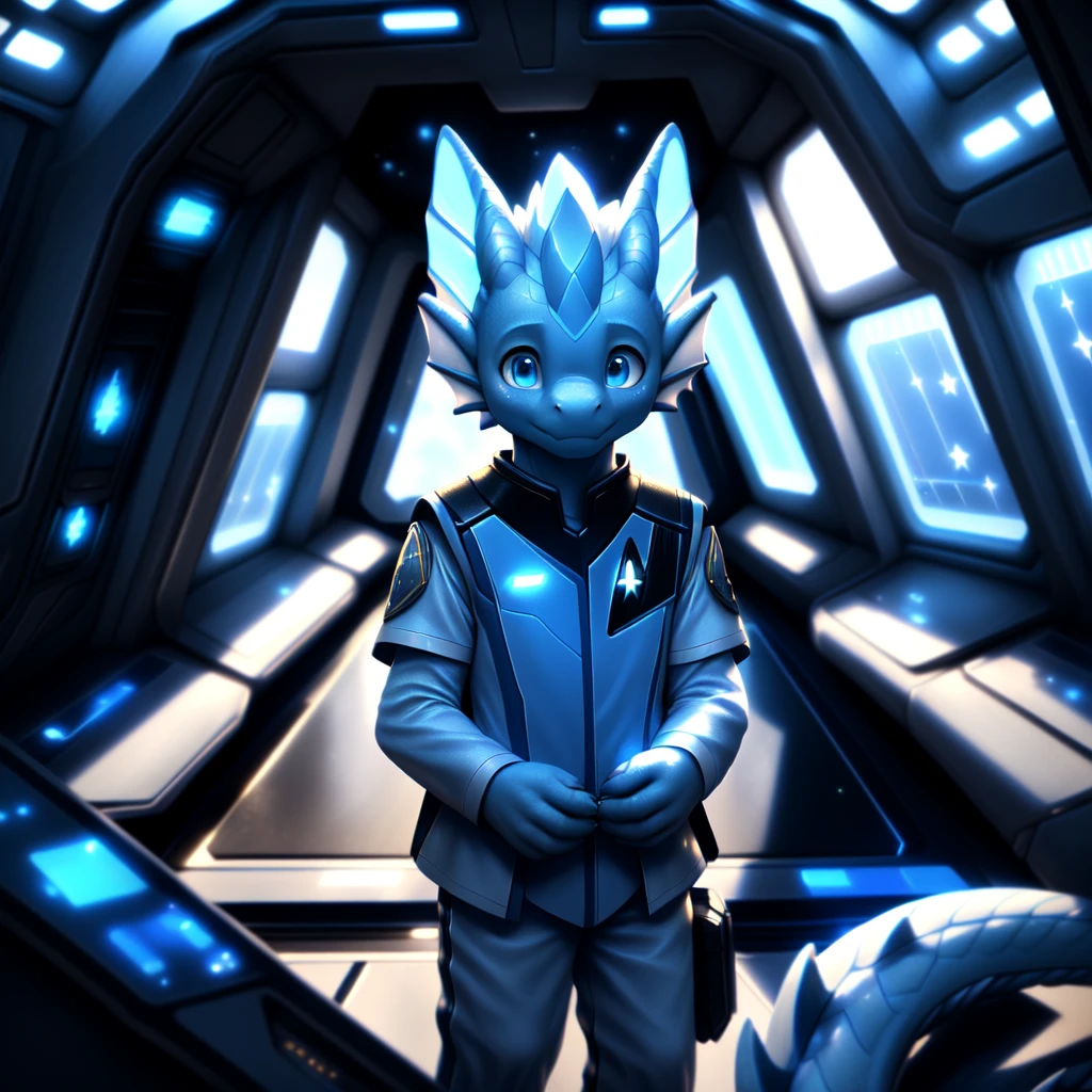 ( detailed face,  detailed background ,  detailed body ), (realistic,photorealistic,photo-realistic:1.37) Ein cuteer kleiner Drache Junge mit leuchtenden Flügel, very young, cute, Light blue scales ,  white hair, in a Star Trek spaceship,  He wears a uniform 