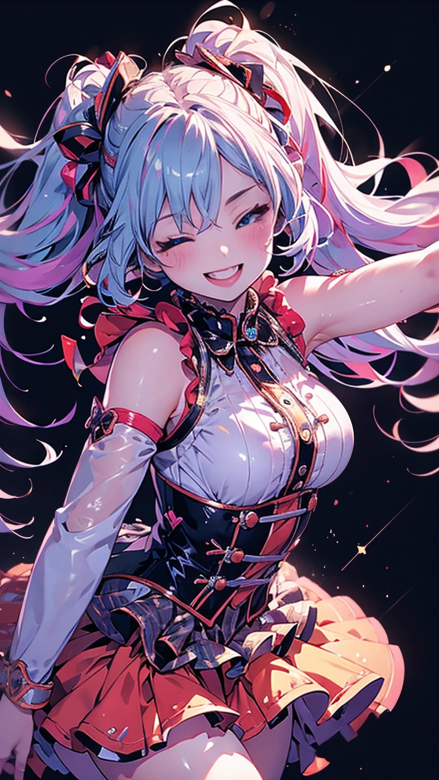 Raise your face and body   ,  cute smiling girl ,  1 girl,   vocaloid ,  Hatsune Miku,  Big Breasts ,  raise your arms, Dancing, sing,  Fantasy , Starry sky background, water surface, Blushing face, (最 High Quality ,8k, high definition ,masterpiece:1.2),Super detailed,(Realistic:1.37), bright color , dramatic lighting facing back to the right, Intricate Details ,photoRealistic, High Quality , 8k, Super detailed,  photoRealistic ,  Movie Lighting, Dramatic contrast,Raise your face and body   ,Bright expression, Smiling with eyes closed,Live Performance Venues