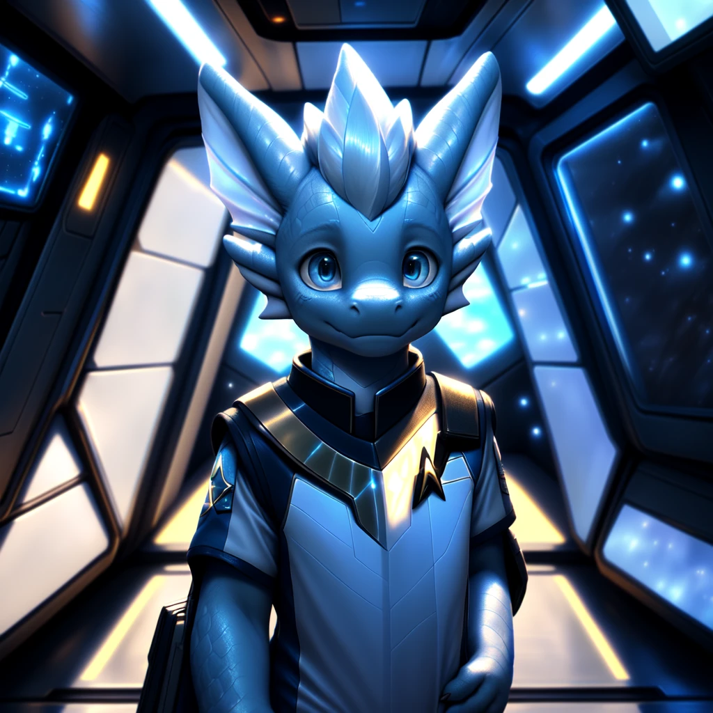 ( detailed face,  detailed background ,  detailed body ), (realistic,photorealistic,photo-realistic:1.37) Ein cuteer kleiner Drache Junge mit leuchtenden Flügel, very young, cute, Light blue scales ,  white hair, in a Star Trek spaceship,  He wears a uniform 