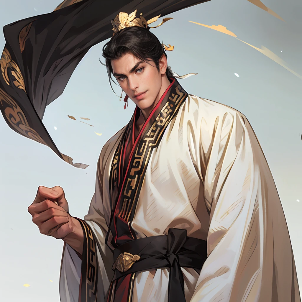 ( best quality,4K,8k, high definition ,masterpiece:1.2),Super detailed,1 person,20-year-old male, very handsome ,smile,long gray black hair ,perfect eyes,Sharp Eyes,Evil scheme,  Ancient Chinese Generals , perfect face with no errors,Intimidating posture, slender, toned body,Gorgeous costumes of ancient China, Movie Lighting,dynamic pause:1.3 cowboy shots:1.3,from below,wide view:1.2, white background:1.3,simple background:1.2, standing:1.3