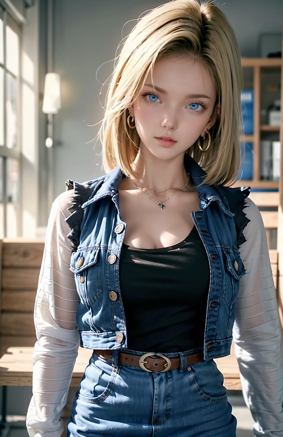 Android 18, Light Blonde hair, Medium hair shaggy cut for women, Blue Transparent eyes of Slavic Caucasians, She has sexy double eyelids above and below her eyes, The flash in the eyeballs is brilliant, She is not wearing any jewelry such as a necklace around her neck, open-chested Black -shirt, Not wearing a bra, She only Wears round earrings, Tight Long sleeves with black stripes on a white background, Blue denim mini vest, Blue denim mini skirt, The denim mini skirt and denim mini vest set in the same blue color, The mini denim vest does not have a zipper, but the mini denim skirt does, and the denim vest has five silver buttons to fasten the garment, The denim skirt's zipper seam line and stitching run vertically straight to the bottom of the skirt, and the denim vest has no zipper, so it's clean, Open-chested denim vest, Large breasts, Women's Western Cowboy Belt, Brown see-through pantyhose, Western short boots, Looking at viewer, Her whole body is visible on the screen, She is standing in front of the bench Her entire body is visible on the screen, from her head to her boots, Slight smiling with closed lips standing next to bench , Blue sky, outside, park, grass, Summer, trees, blue sky, high quality, masterpiece,