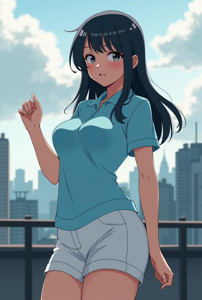 A girl with light skin, sexy, cute, leaders, long brown hair, her brown eye, wears a pink button-down blouse, shows her navel, and a short blue skirt, black shoe, and she travels, flying, sky, city background.