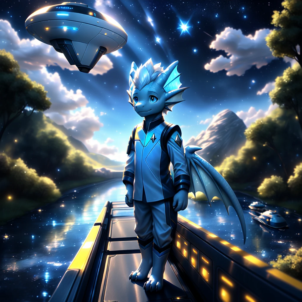 ( detailed face,  detailed background ,  detailed body ), (realistic,photorealistic,photo-realistic:1.37) Ein cuteer kleiner Drache Junge mit leuchtenden Flügel, very young, cute, Light blue scales ,  white hair, in a Star Trek spaceship,  He wears a uniform , on the bridge