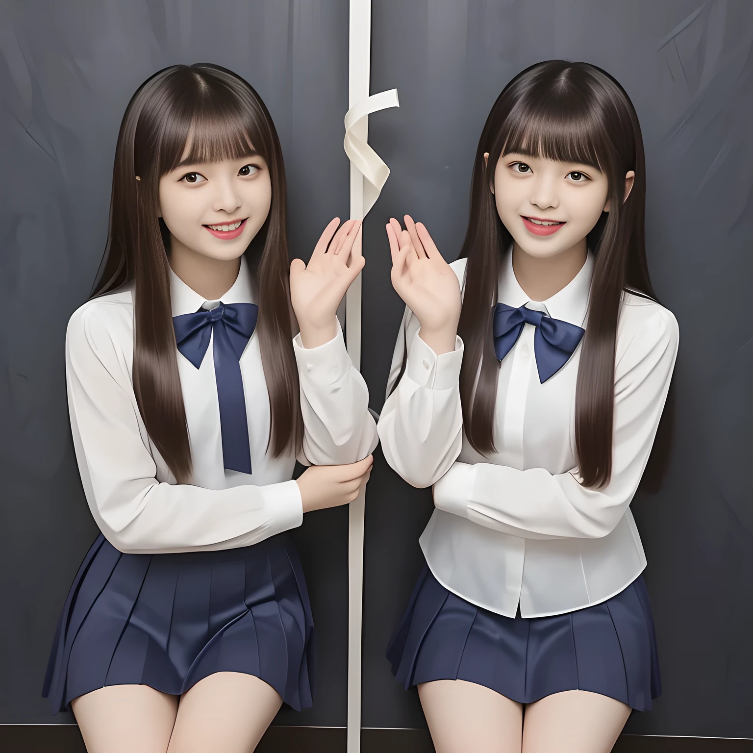 (Highest quality, masterpiece:1.2), Highest quality, High resolution, 1080P, 8k, (Two 14yo Japanese beautiful girl idols are seated and giving strong subliminal sexual invitation and temptation, cute skirt with beautiful knees, looking at the viewer, can't stop showing cute smile open mouth because of feeling too funny about the viewer, very white-white face, very proud of her long straight black hair, using face-whitening cosmetics, 14yo girl's eyes, opened laughing giggling most open mouth, too expensive luxurious glossy frilled ivory silk blouse, polyester dark-navy school-skirt and bewitching ribbon on the breast, well-straitened super-long well-trimmed long hair, evenly neatly trimmed girly cute bangs: 1.5), (white thighs and knees: 1.7), (Laughing blushed cheeks with dimples), (Well-balanced, impressive, very intelligent, double-eyelids, black shining large eyes of 14yo intelligent young idol with detailed: 1.5), ((Beautiful well-figured glossy opened laughing lips: 1.2)), (mature breast), (The viewer can't stop madly kissing them because of her beauty and subliminal strong invitation), (Very beautiful, super-glossy, cute neat black amazingly long hair, straight well-done long hair-style: 1.3), (plain blue background: 1.6), (((Completely balanced beautiful big cool eyes, looking coldly at me!: 1.3))), (eyes, face and hair are especially beautifully detailed and beautifully drawn: 1.5), (The soft white light clearly shows her face extremely white: 1.2), (Too luxurious and expensive), (School uniform, too-cute slender 14yo super-long-hair Japanese beautiful-young-girl idol twins are laughing and licking the other's hand each other with super-wide open open laughing mouth like eating the viewer, everything is girly, neat and too beautiful: 1.6), (Super long hair 14yo super-cute-face school-uniform pretty young idol of school idol photo magazine, height: 145cm: 2.1), (Signs of girl's inevitable invitation and temptation to the succubus world: 2.0)