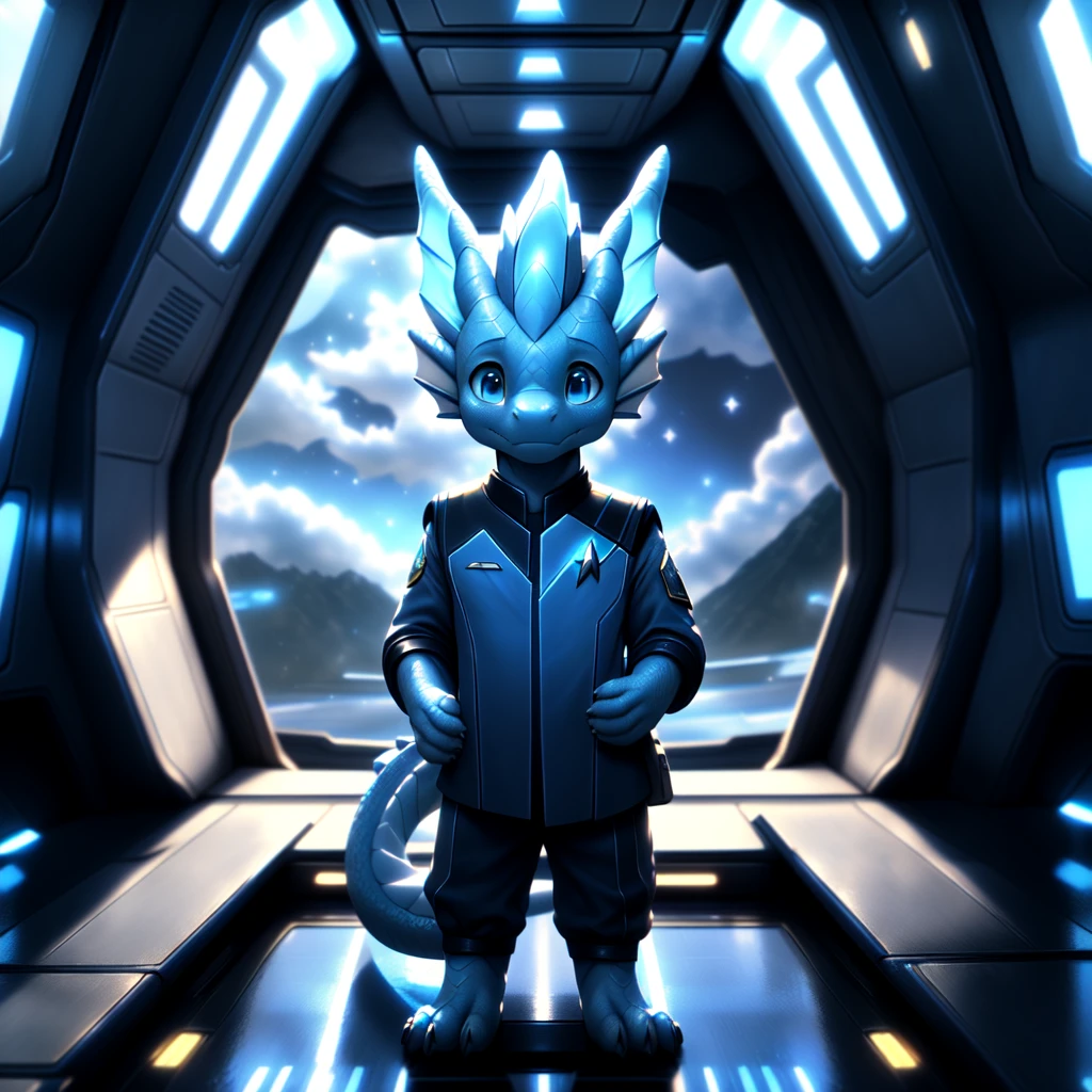 ( detailed face,  detailed background ,  detailed body ), (realistic,photorealistic,photo-realistic:1.37) Ein cuteer kleiner Drache Junge mit leuchtenden Flügel, very young, cute, Light blue scales ,  white hair, in a Star Trek spaceship,  He wears a uniform , on the spaceship bridge