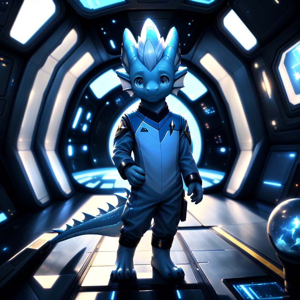 ( detailed face,  detailed background ,  detailed body ), (realistic,photorealistic,photo-realistic:1.37) Ein cuteer kleiner Drache Junge mit leuchtenden Flügel, very young, cute, Light blue scales ,  white hair, in a Star Trek spaceship,  He wears a uniform , on the spaceship bridge