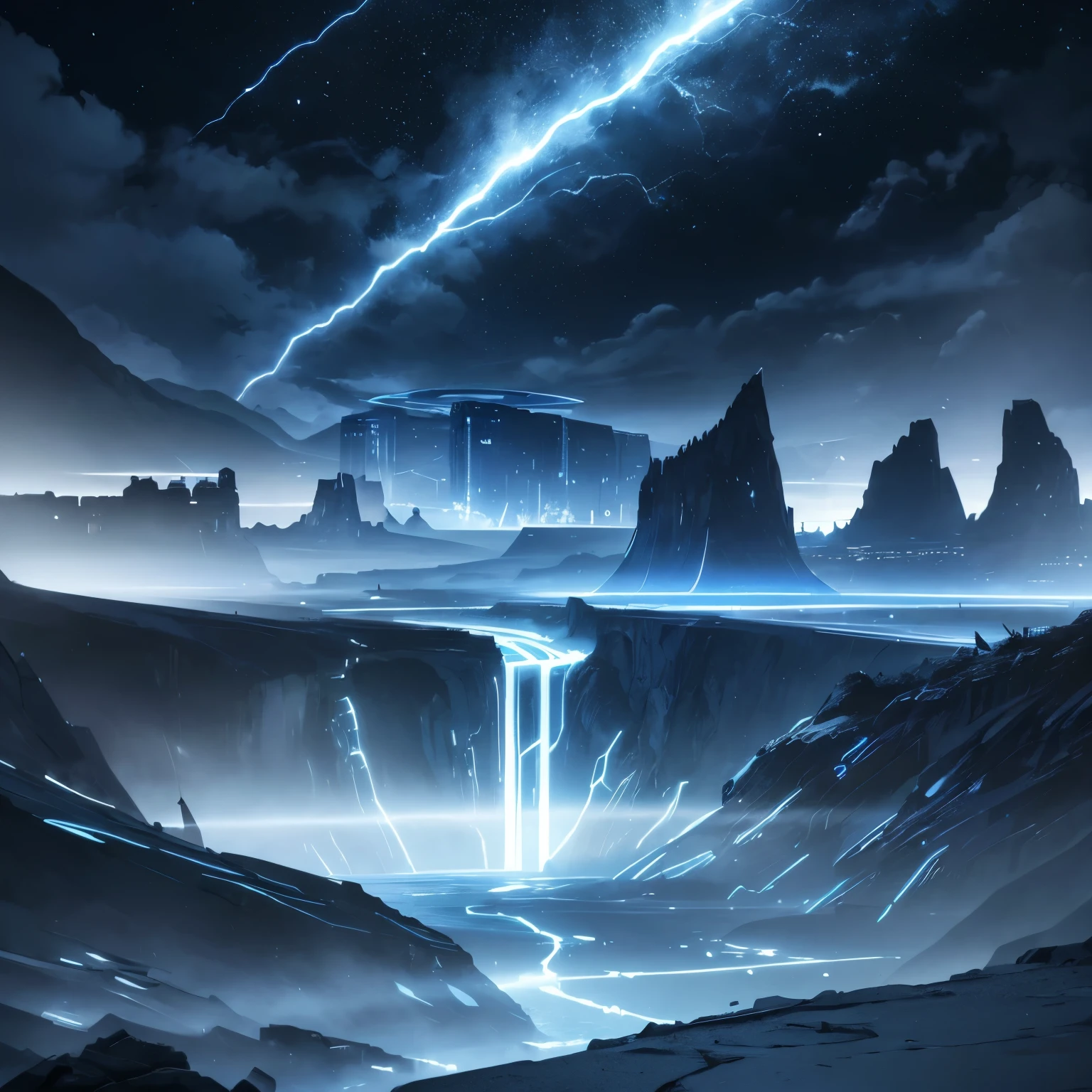 There is a big sci-fi city beten two mountains, "TRON: Legacy" landscape vibe, dark blue storm clouds, light blue lightning from the clouds, blue river, river to the horizon, electrified river, light blue lightning from the river, space sky, stars in the sky, composition on the metal planet, big metalic planet, dark-blue metal, shiny metal, cybertron, mechanical planet, empty wasteland, dark blue storm clouds, light blue lightning from clouds, blue river, river to horizon, electrized river, light blue lightning from river, space sky, stars on the sky, realistic, watercolor, 4k, high quality, hight attention to details, concept art, concept art by Chris Mowry.