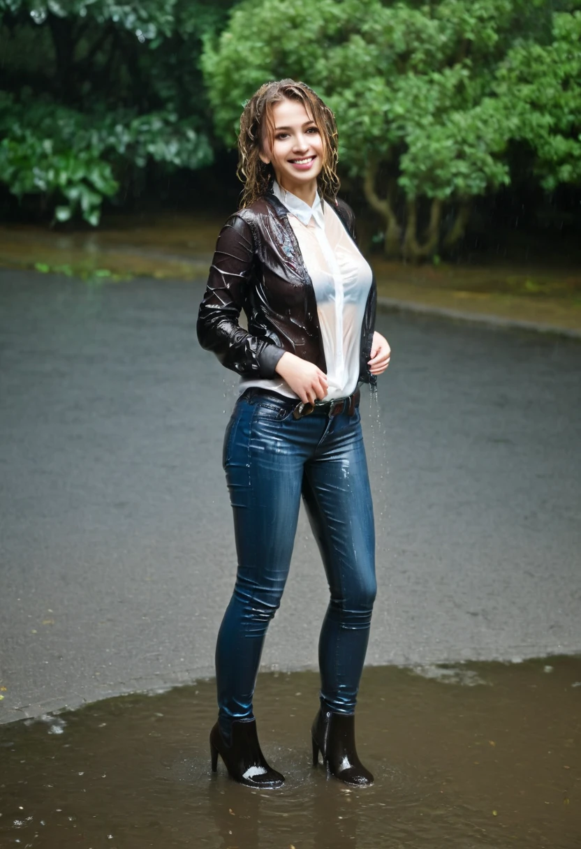 (((rear view))), ((attractive gradient hair woman wearing skinny jeans)), black leather jacket, high heel ankle boots, white blouse, curly hair, standing outside in the rain, soaking wet, big smile, boots flooded with water, (((wet hair))), wet clothing, jeans gleaming wet, looking viewer in the eye, ((standing in the rain soaking wet))), wet shirt, wet blouse, ((NSFW)), no bra, nipples visible through wet blouse, (((rear view)))