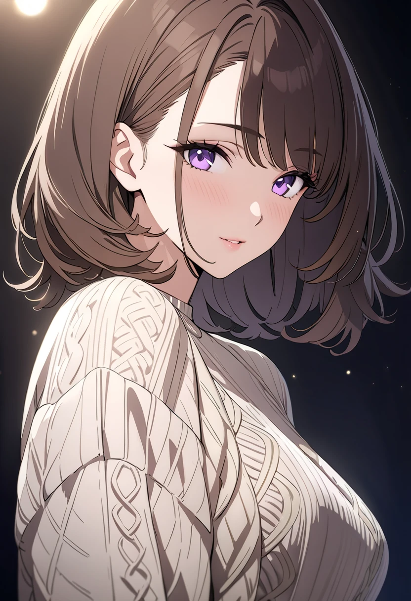 female, looking at viewer, center part, medium hair, brown hair, purple eyes, tareme, tall, glamorous, sweater, 30-year-old, 8k, best quality, masterpiece, clear, professional lighting, beautiful face, best quality, ultra high res, super detail, accurate, high details, highres,