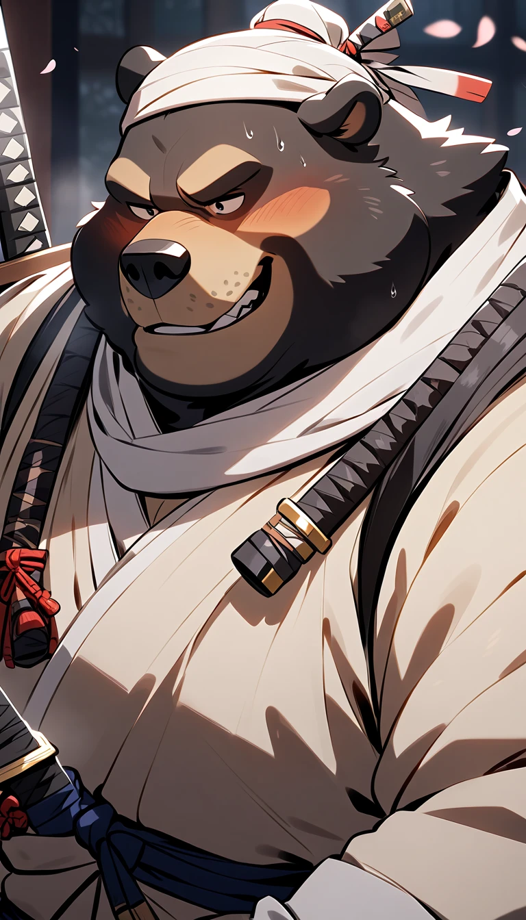 Large, Overweight Bear Man, Fat Face Masterpiece ,  best quality, Brandishing a sword、 VERY BEAUTIFUL、samurai boy、 penis、、Wear a white headscarf, SEX WRISTGRAB BEHIND ,Yaoi