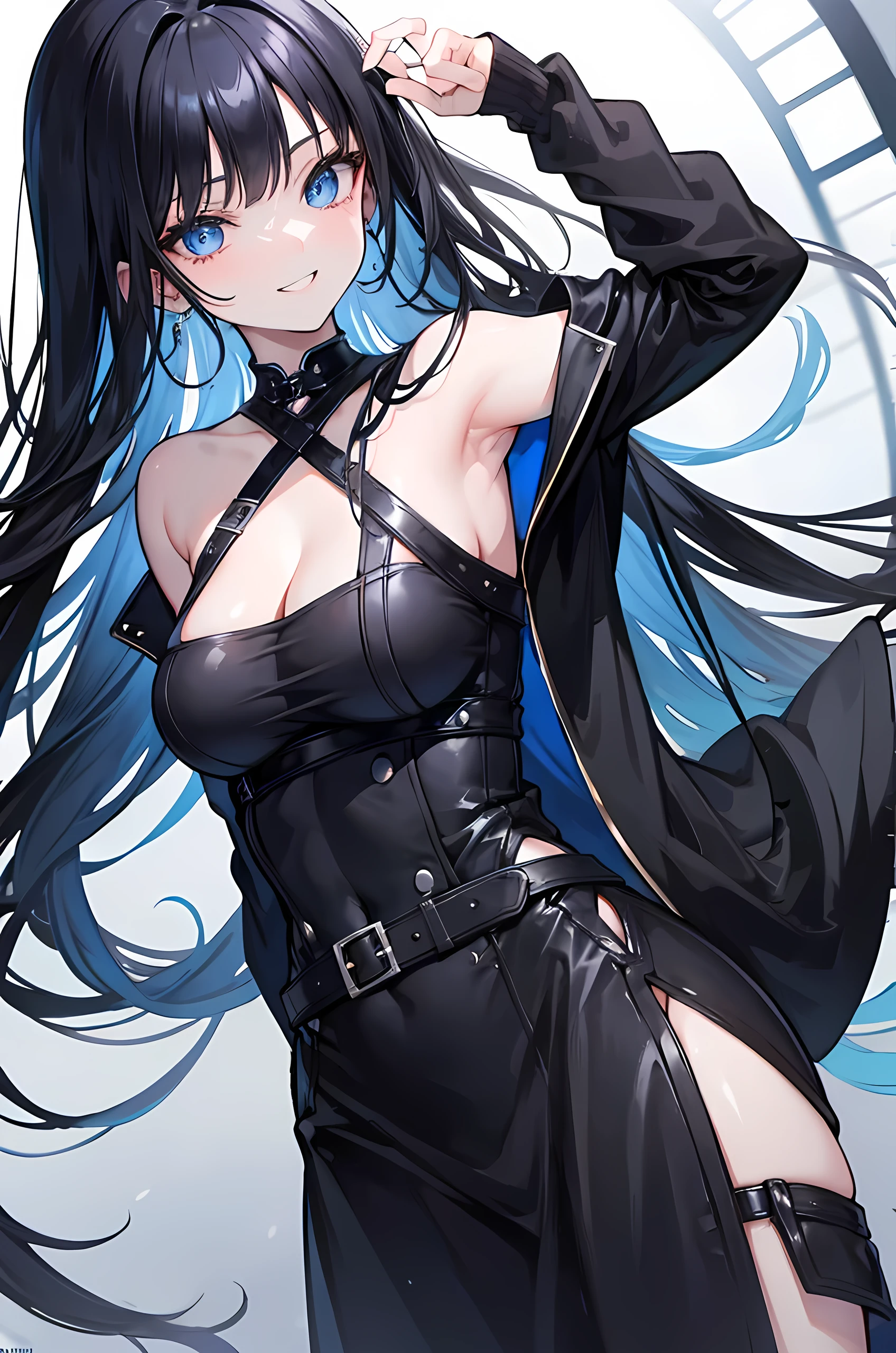 delicate and beautiful CG artwork),(best quality, ultra-detailed, high resolution),(dynamic angle, dynamic lighting),(1 character),(long blue black hair), red eyes, beautiful face),(black transparent stocking),(devil) (long sideburns), (dynamic night sky background)