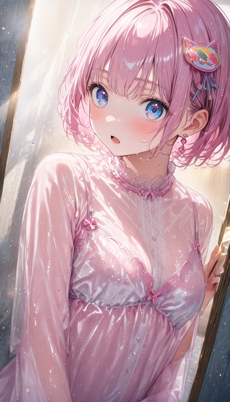 A realistic rendering of a David Wright style illustration of a very close shot, ultra close shot on the breasts of a pert, nubile, thin, freckled teen girl with 50s style, very short light brown hair, bows in hair, slight smile, topless, best quality, tiny breasts, bare breasts, small breasts, bare crotch, exposed crotch, pink nipples , puffy nipples , exposed nipples , wearing a clear, blue, plastic body armor, clear blue plastic armor, clear, blue, plastic body harness, clear, blue, plastic body cage, blue bondage straps, black, spiked choker necklace, black leather jacket, a silver chain wrapped around body, open, white blouse, white lace collar, pastel lace, pastel lace straps under nipples, pastel lace straps under breasts, open light blue, fuzzy sweater, undressing,
uniform, partially clothed, sitting in a bondage harness swing, in a blue, neon lit, 1950s teen girl's bedroom, glowing blue, neon lights, full of bondage straps,, ultra close shot on breasts