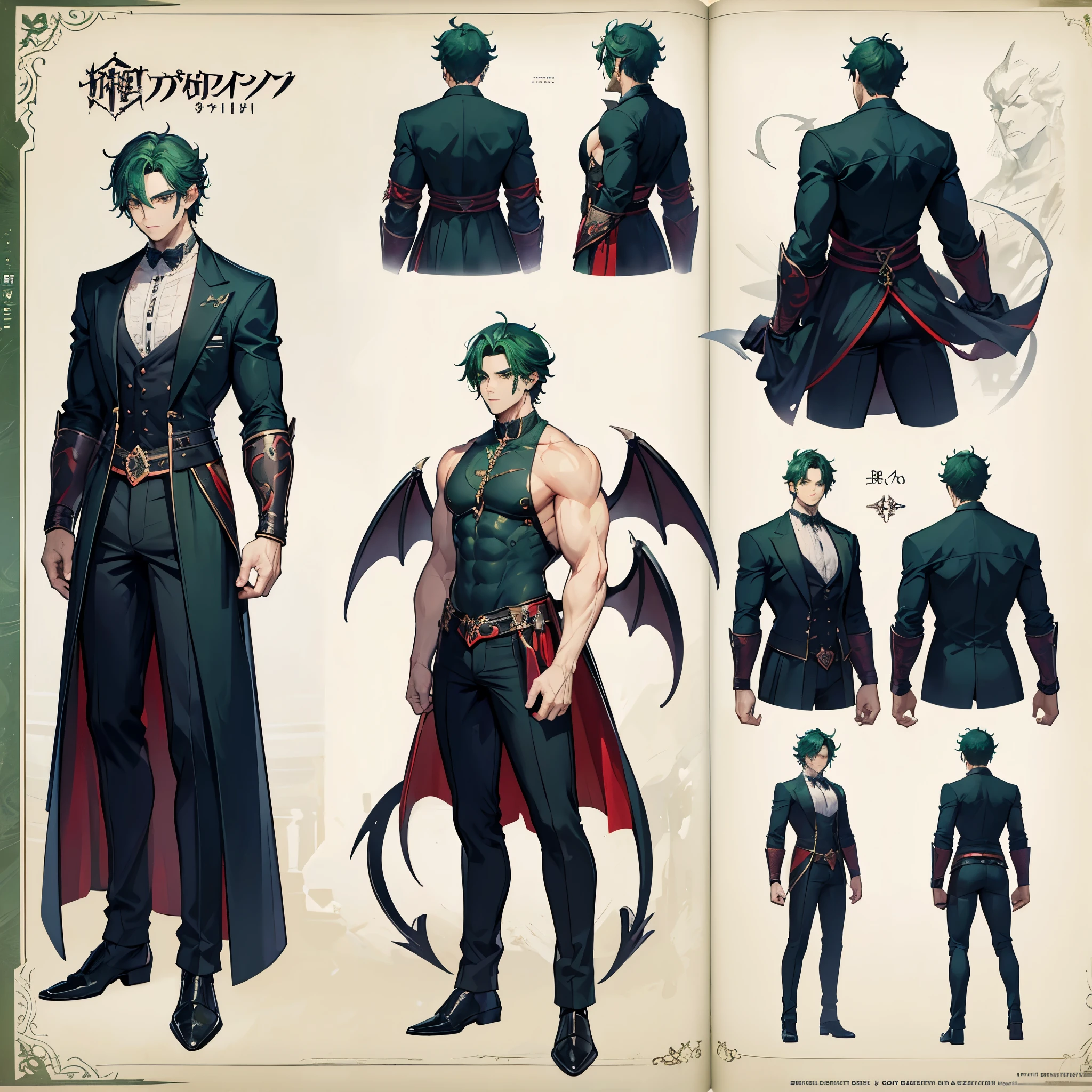 character design panel, full body esbian, Full details, front, back, High detail, Depth, Many parts, of leo.  has green hair.  muscle.  bat wings