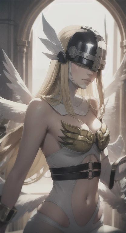 score_9, score_8_up, score_7_up, score_6_up, uncensored, digimon_\(creature\), angewomon, blonde hair, angel_wings, feathered_wings, winged_helmet, helmet, BREAK (masterpiece:1.2), best quality, high resolution, perfect lighting, (perfect hands, perfect anatomy), large breasts, 1girl, sword, cleavage, solo, looking_at_viewer, leaf, holding_sword, long_sleeves, collarbone, gloves, floating_hair, parted_lips, black_gloves, upper_body, collar, jacket, falling_leaves, choker, petals, autumn_leaves, glow effects, godrays, Hand drawn, cinematic, depth of field, colors, Vivid colors, dramatic,