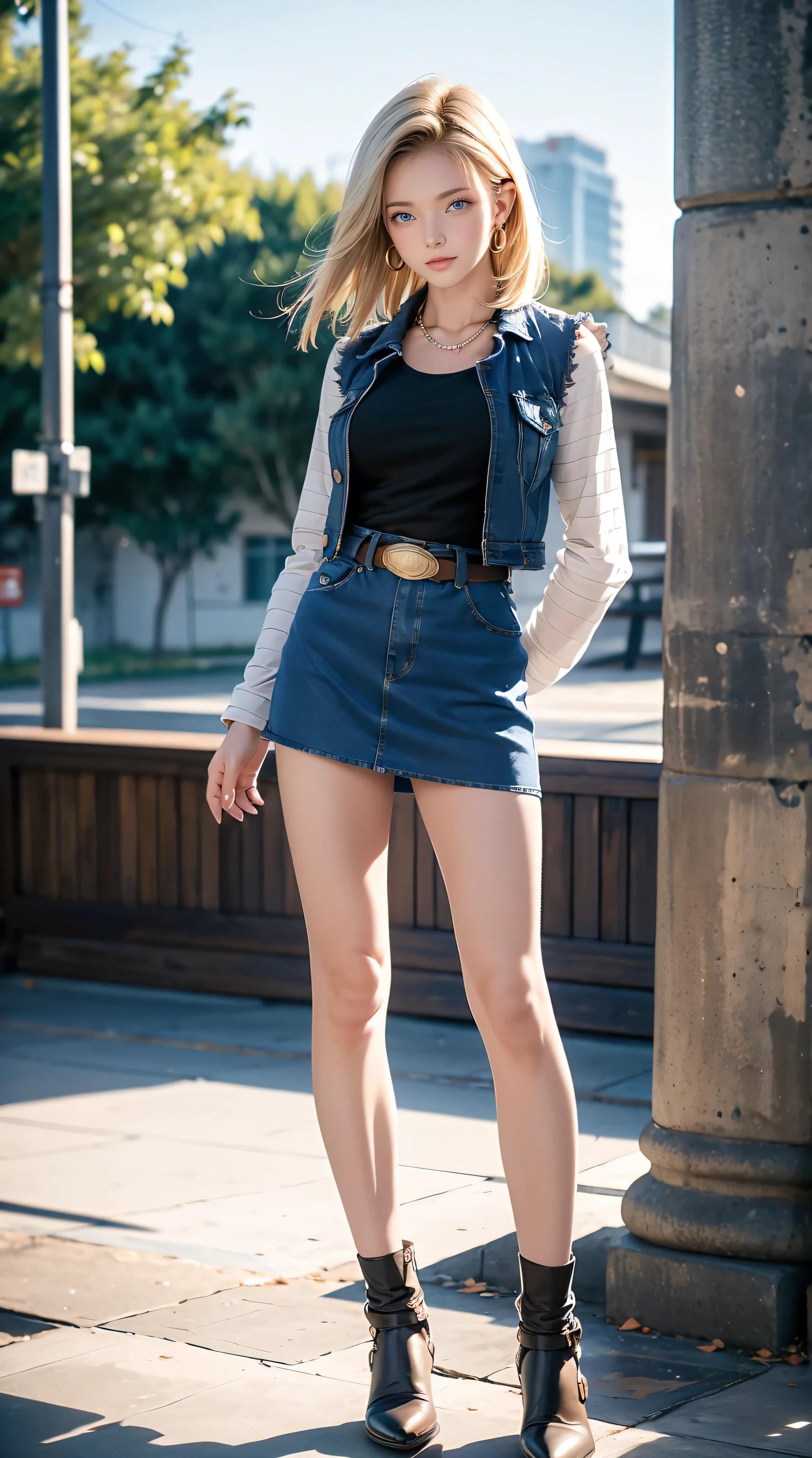 Android 18, Light Blonde hair, Medium hair shaggy cut for women, Blue Transparent eyes of Slavic Caucasians, She has sexy double eyelids above and below her eyes, The flash in the eyeballs is brilliant, She is not wearing any jewelry such as a necklace around her neck, open-chested Black -shirt, Not wearing a bra, She only Wears round earrings, Tight Long sleeves with black stripes on a white background, Blue denim mini vest, Blue denim mini skirt, The denim mini skirt and denim mini vest set in the same blue color, The mini denim vest does not have a zipper, but the mini denim skirt does, and the denim vest has five silver buttons to fasten the garment, The denim skirt's zipper seam line and stitching run vertically straight to the bottom of the skirt, and the denim vest has no zipper, so it's clean, Open-chested denim vest, Large breasts, Women's Western Cowboy Belt, Brown see-through pantyhose, Western short boots, Looking at viewer, Her whole body is visible on the screen, She is standing in front of the bench Her entire body is visible on the screen, from her head to her boots, Slight smiling with closed lips standing next to bench , Blue sky, outside, park, grass, Summer, trees, blue sky, high quality, masterpiece,