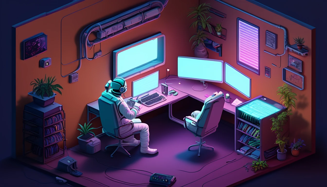 ((masterpiece,  best quality)), ((from above)),  high definition ,  very detailed,  Realistic, break, isometric neon, indoor,  gradation, Books,  gradation background, An astronaut is sitting on a chair with his hands crossed over his head , chair, plant, box, scenery, machine, lamp,  controller, cable,  computer , tv set, Monitor,  keyboard ( computer ), flower pot, mouse ( computer ), screen,  platform ,  